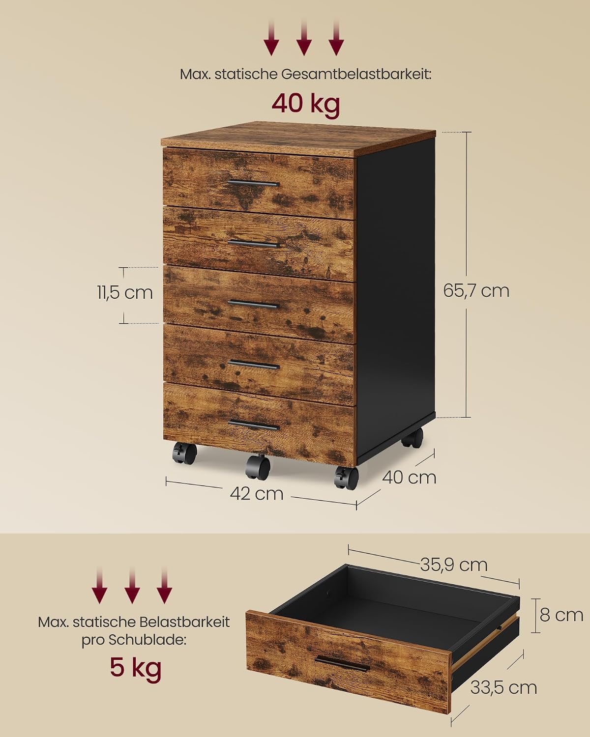 VASAGLE Custos Kollektion - Rollcontainer, mobiler Aktenschrank, Schubladenschrank, Druckerständer mit 5 Schubladen, mit schraubenlosen Gleitschienen, für Büro, Homeoffice, vintagebraun OFC081KD02 — Ansicht 3