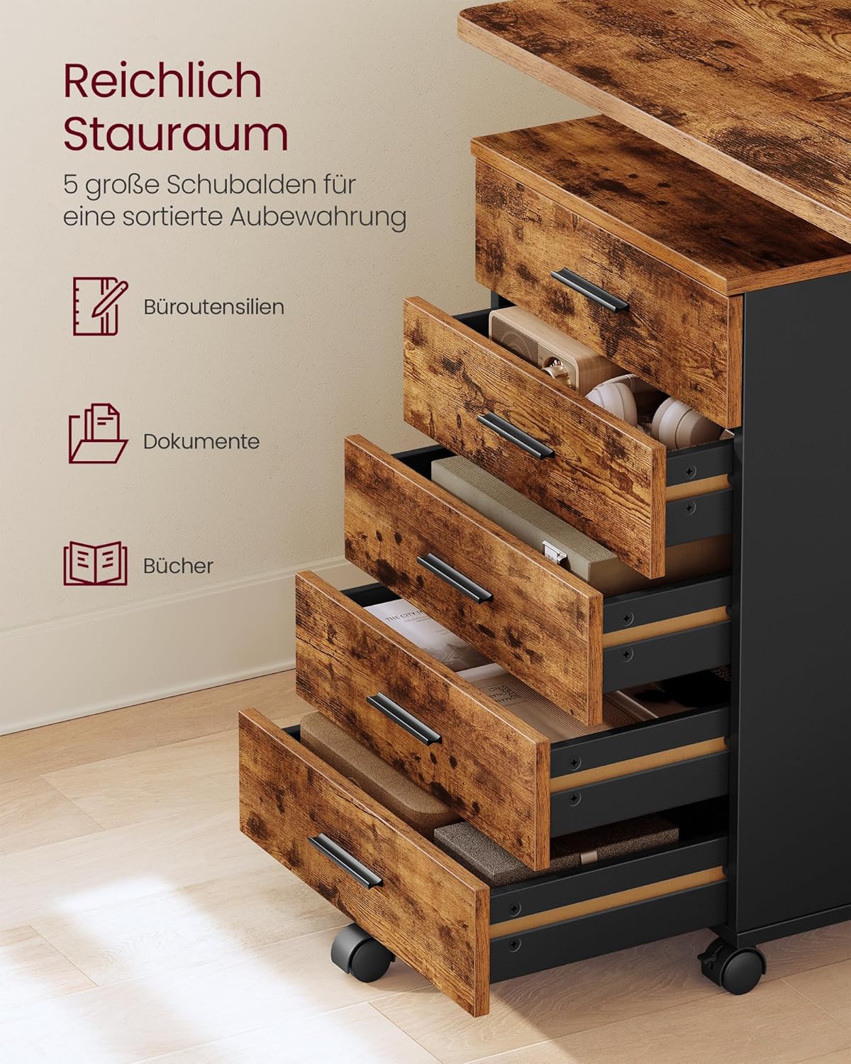 VASAGLE Custos Kollektion - Rollcontainer, mobiler Aktenschrank, Schubladenschrank, Druckerständer mit 5 Schubladen, mit schraubenlosen Gleitschienen, für Büro, Homeoffice, vintagebraun OFC081KD02 — Ansicht 4