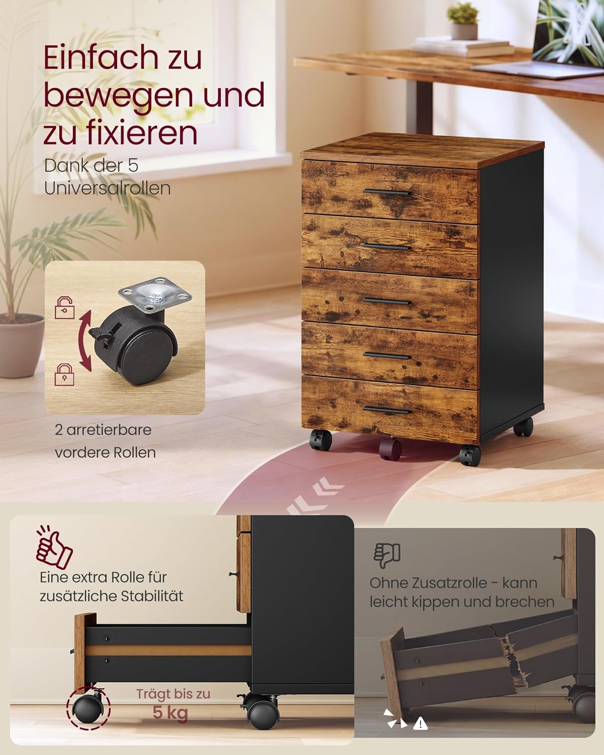 VASAGLE Custos Kollektion - Rollcontainer, mobiler Aktenschrank, Schubladenschrank, Druckerständer mit 5 Schubladen, mit schraubenlosen Gleitschienen, für Büro, Homeoffice, vintagebraun OFC081KD02 — Ansicht 6