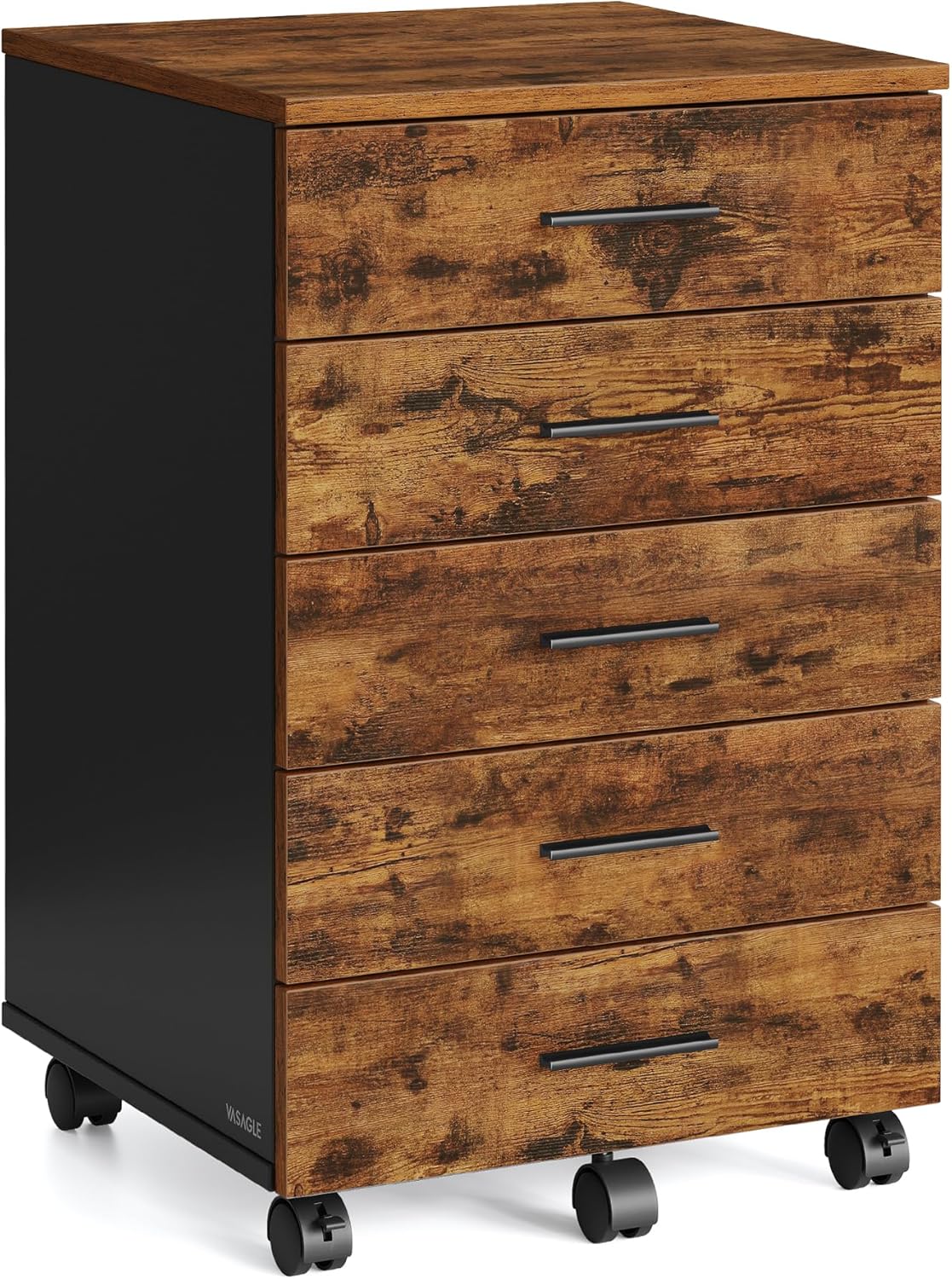 VASAGLE Custos Kollektion - Rollcontainer, mobiler Aktenschrank, Schubladenschrank, Druckerständer mit 5 Schubladen, mit schraubenlosen Gleitschienen, für Büro, Homeoffice, vintagebraun OFC081KD02