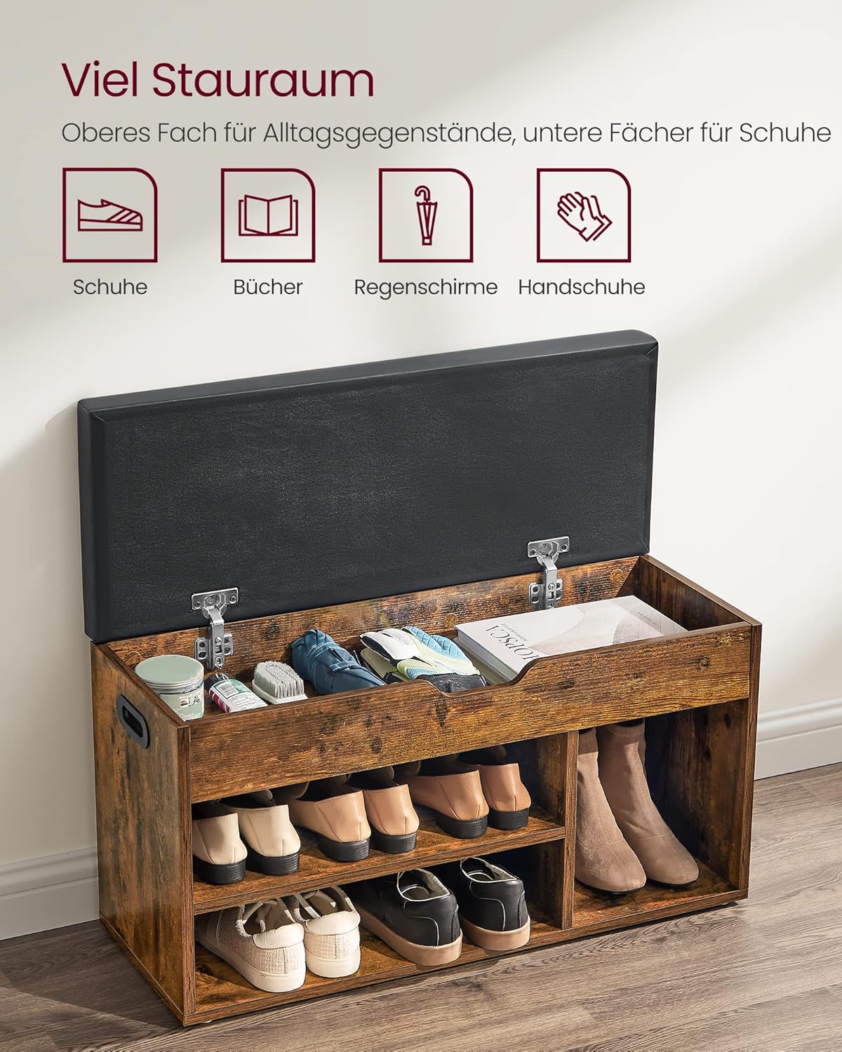 VASAGLE Custos Kollektion - Schuhbank mit Sitzfläche, Sitzbank mit Stauraum, gepolstert, 3 offene Fächer, Sitzkissen, Schuhregal für Flur, bis 150 kg belastbar, vintagebraun LHS30BX — Ansicht 5