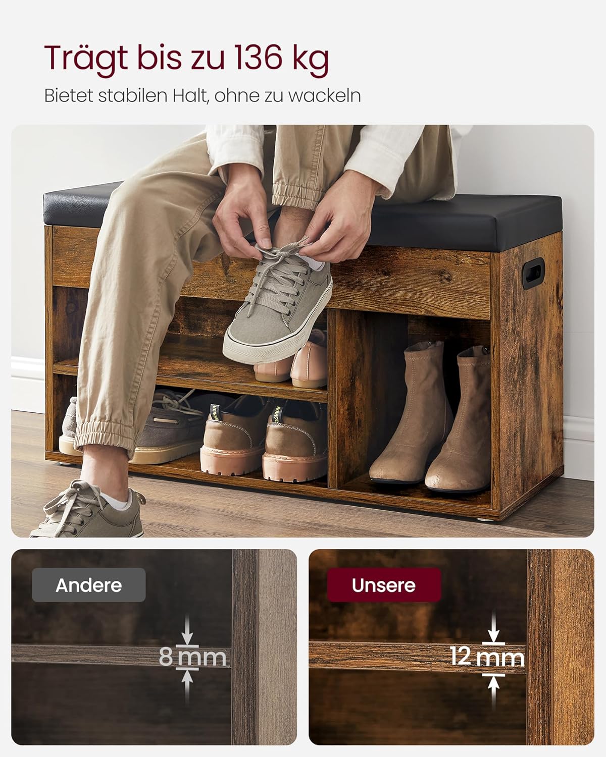 VASAGLE Custos Kollektion - Schuhbank mit Sitzfläche, Sitzbank mit Stauraum, gepolstert, 3 offene Fächer, Sitzkissen, Schuhregal für Flur, bis 150 kg belastbar, vintagebraun LHS30BX — Ansicht 6
