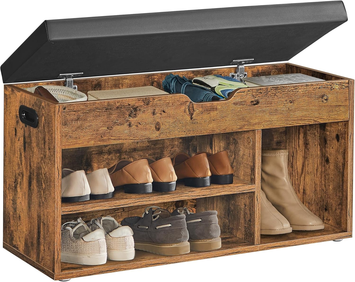 VASAGLE Custos Kollektion - Schuhbank mit Sitzfläche, Sitzbank mit Stauraum, gepolstert, 3 offene Fächer, Sitzkissen, Schuhregal für Flur, bis 150 kg belastbar, vintagebraun LHS30BX