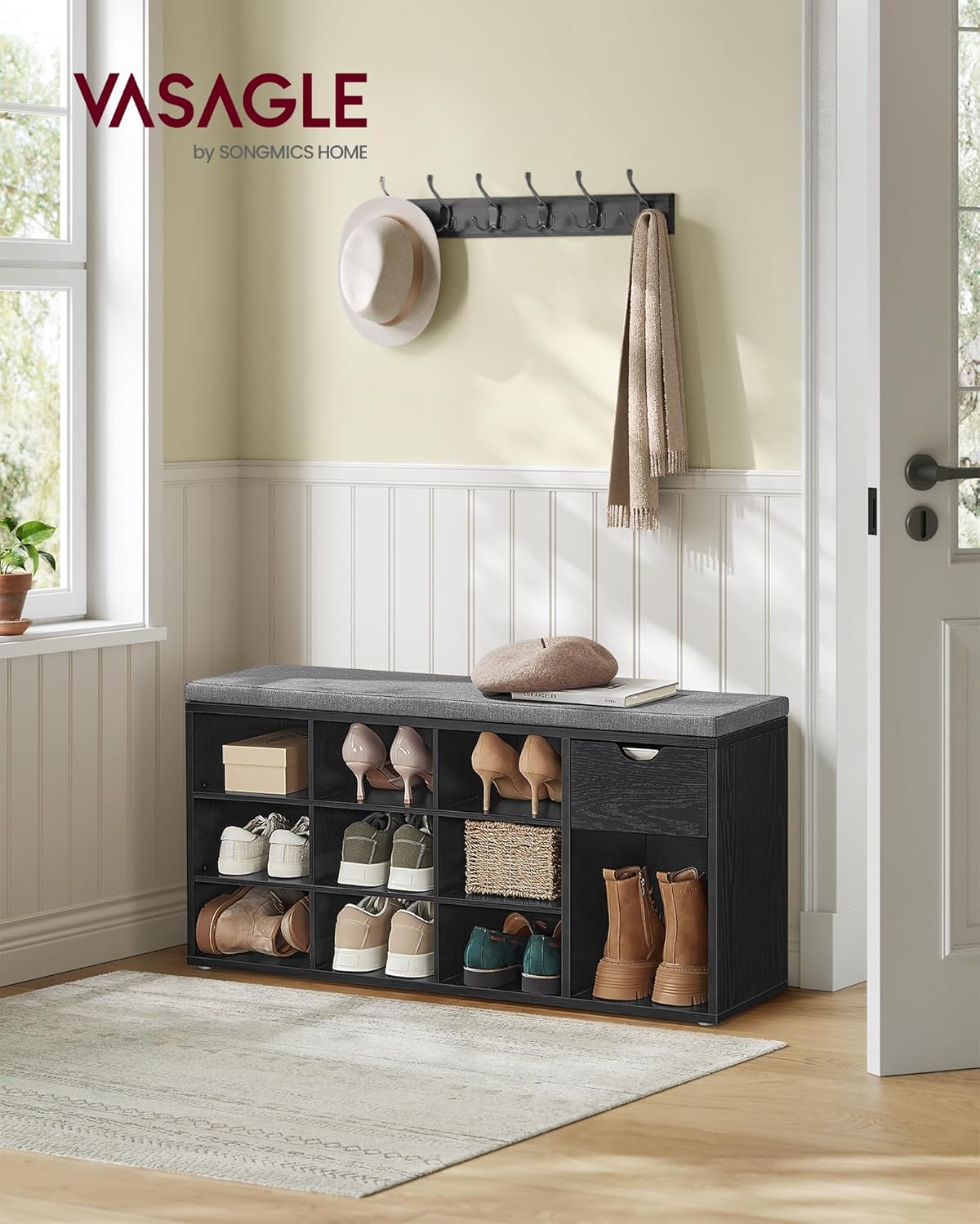 VASAGLE Custos Kollektion - Schuhbank, Schuhregal mit Schublade und offenen Fächern, Sitzbank, gepolsterter Sitz, 30,5 x 104 x 48 cm, ebenholzschwarz-schiefergrau LHS024B02 — Ansicht 2