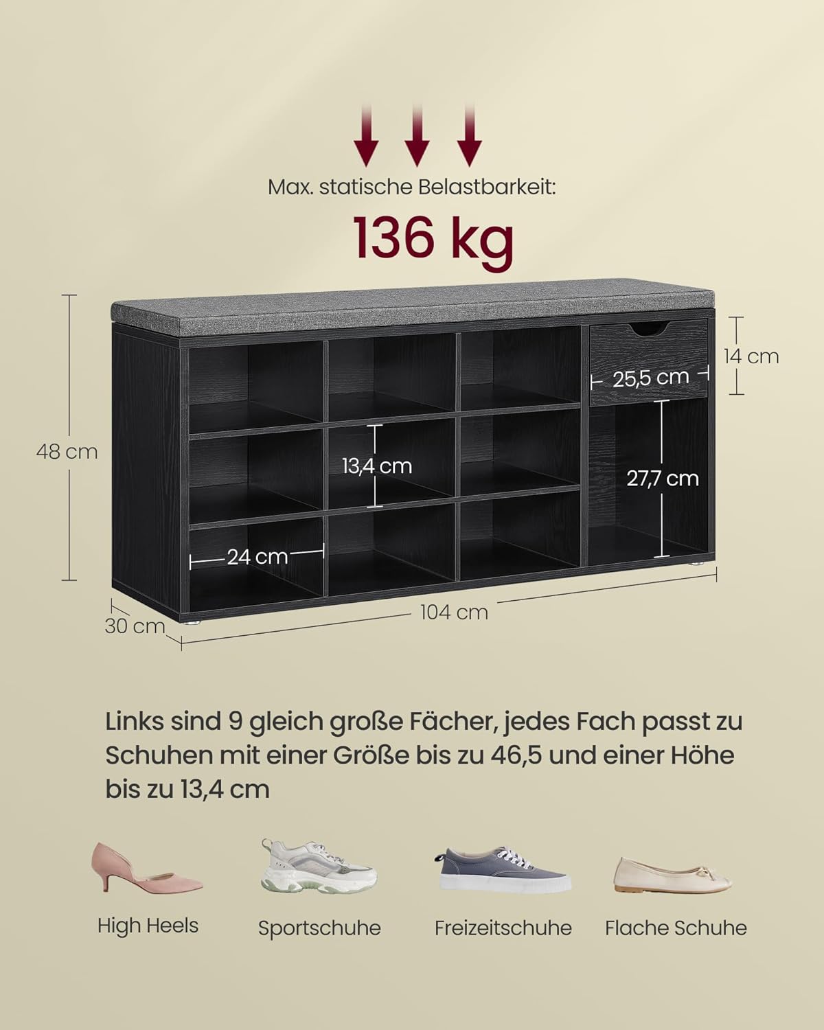VASAGLE Custos Kollektion - Schuhbank, Schuhregal mit Schublade und offenen Fächern, Sitzbank, gepolsterter Sitz, 30,5 x 104 x 48 cm, ebenholzschwarz-schiefergrau LHS024B02 — Ansicht 3