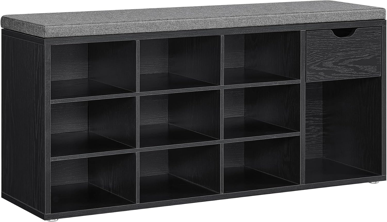 VASAGLE Custos Kollektion - Schuhbank, Schuhregal mit Schublade und offenen Fächern, Sitzbank, gepolsterter Sitz, 30,5 x 104 x 48 cm, ebenholzschwarz-schiefergrau LHS024B02