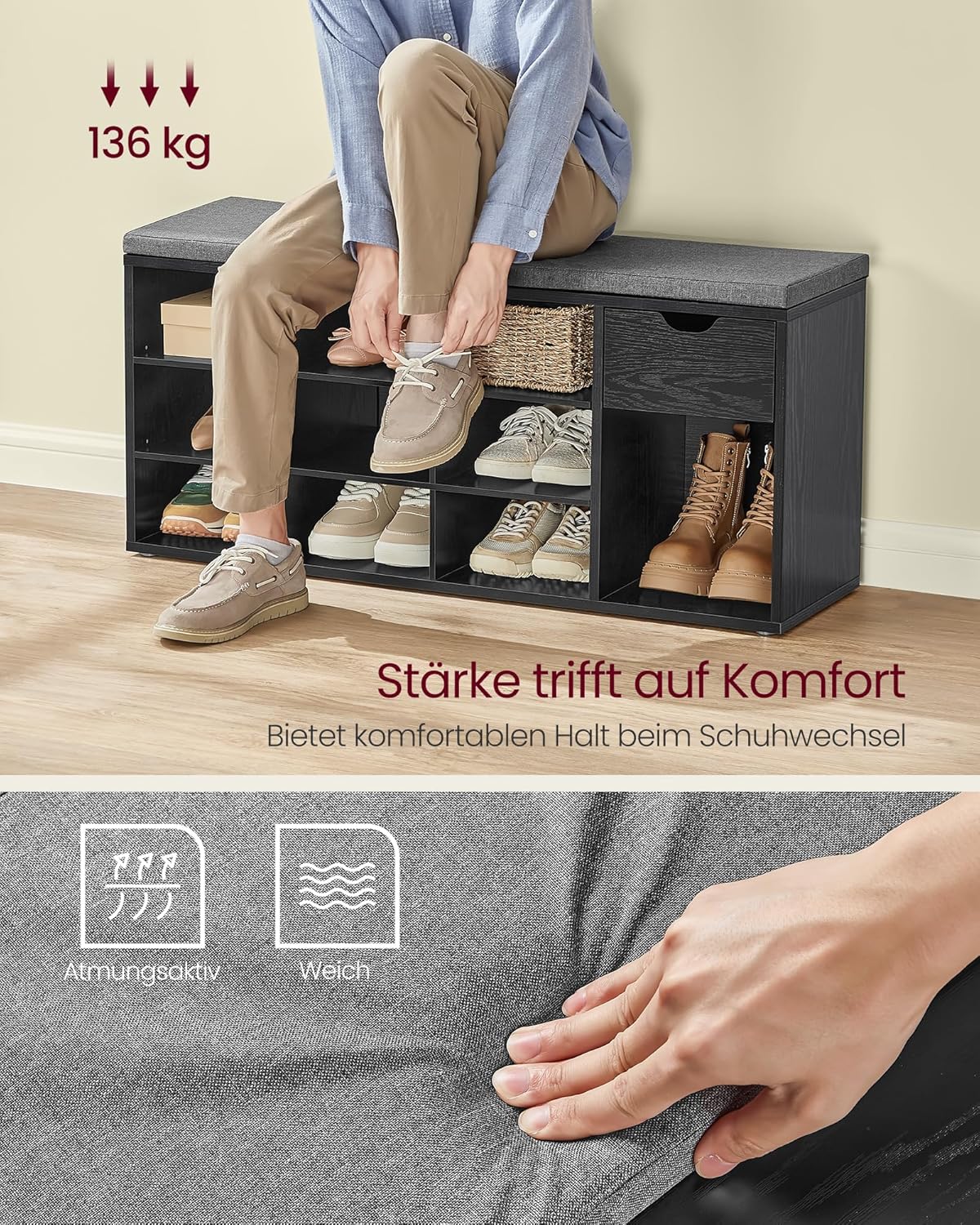 VASAGLE Custos Kollektion - Schuhbank, Schuhregal mit Schublade und offenen Fächern, Sitzbank, gepolsterter Sitz, 30,5 x 104 x 48 cm, ebenholzschwarz-schiefergrau LHS024B02 — Ansicht 4