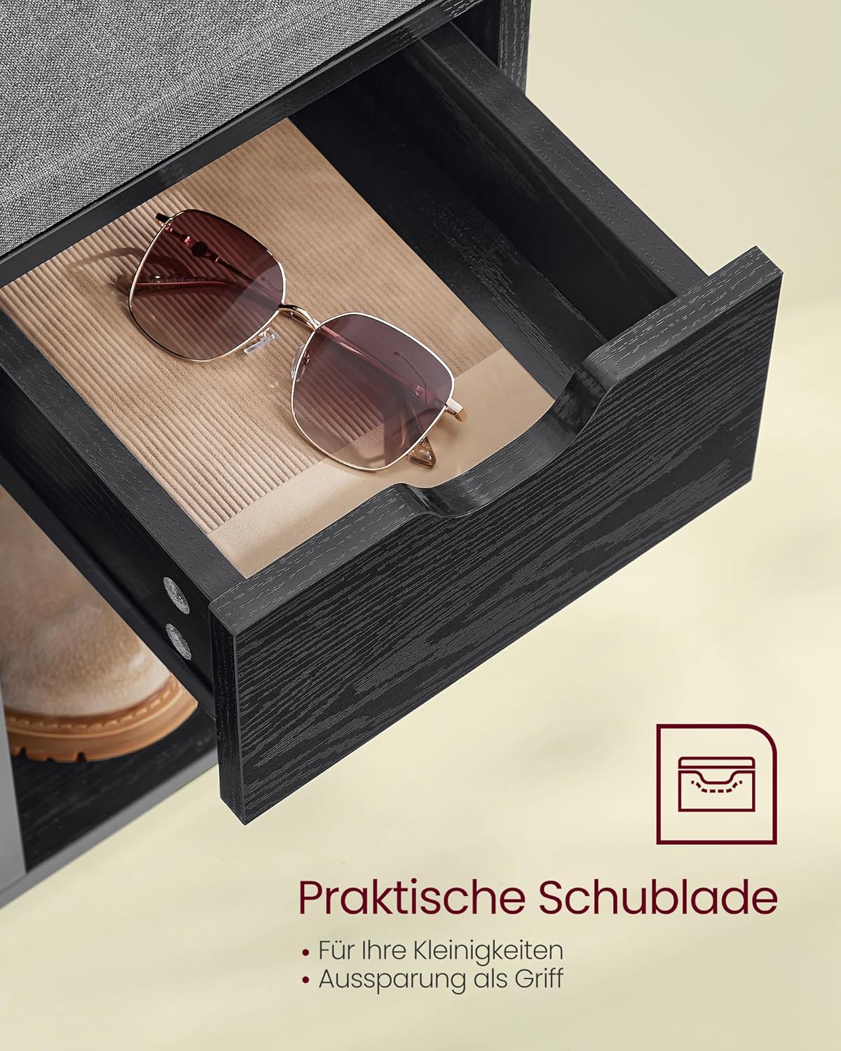 VASAGLE Custos Kollektion - Schuhbank, Schuhregal mit Schublade und offenen Fächern, Sitzbank, gepolsterter Sitz, 30,5 x 104 x 48 cm, ebenholzschwarz-schiefergrau LHS024B02 — Ansicht 5