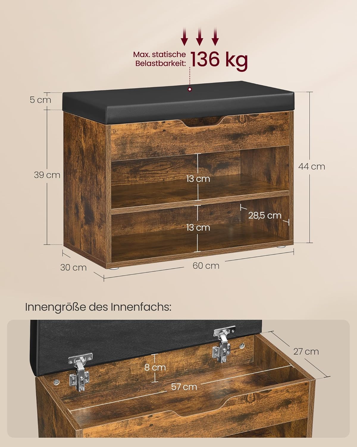 VASAGLE Custos Kollektion - Schuhbank, Sitzbank, Schuhregal mit gepolstertem Kissen, Schuhorganizer mit 3 Ebenen, 30 x 60 x 44 cm, für Flur, Wohnzimmer und Schlafzimmer, vintagebraun LHS020K03 — Ansicht 3