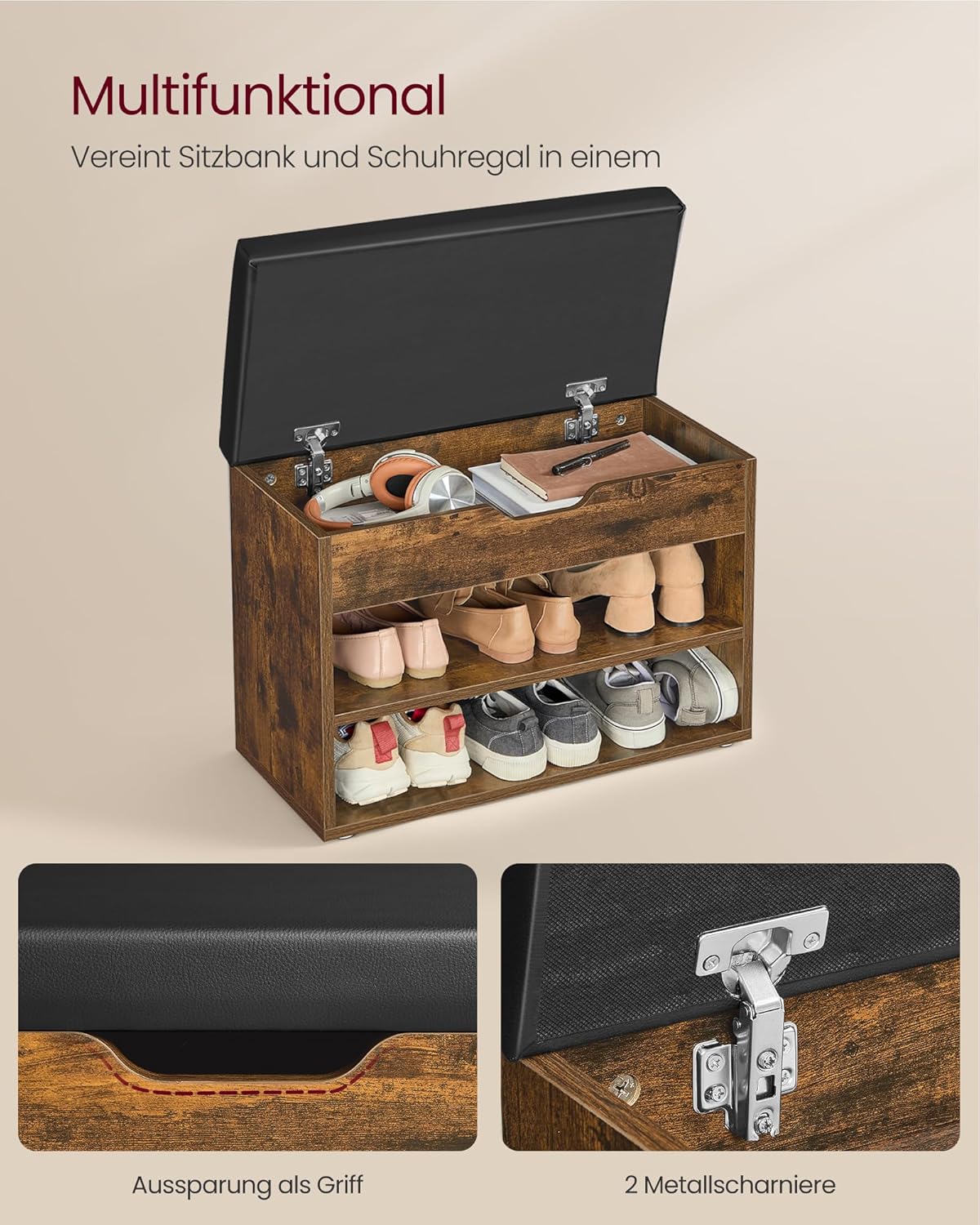 VASAGLE Custos Kollektion - Schuhbank, Sitzbank, Schuhregal mit gepolstertem Kissen, Schuhorganizer mit 3 Ebenen, 30 x 60 x 44 cm, für Flur, Wohnzimmer und Schlafzimmer, vintagebraun LHS020K03 — Ansicht 4