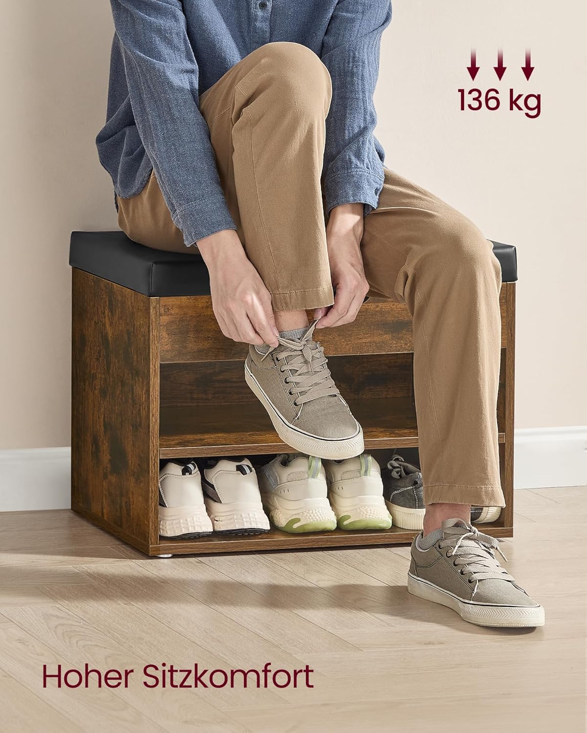 VASAGLE Custos Kollektion - Schuhbank, Sitzbank, Schuhregal mit gepolstertem Kissen, Schuhorganizer mit 3 Ebenen, 30 x 60 x 44 cm, für Flur, Wohnzimmer und Schlafzimmer, vintagebraun LHS020K03 — Ansicht 6
