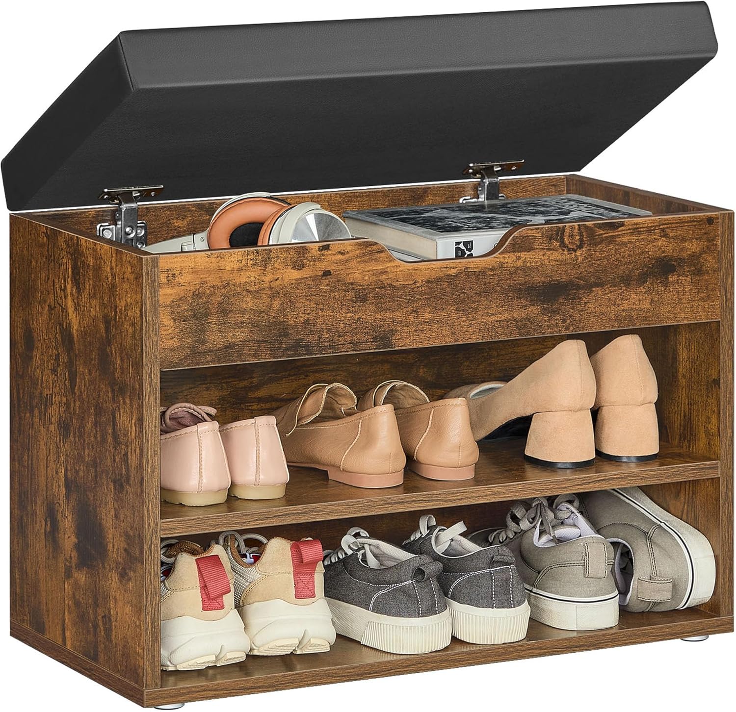 VASAGLE Custos Kollektion - Schuhbank, Sitzbank, Schuhregal mit gepolstertem Kissen, Schuhorganizer mit 3 Ebenen, 30 x 60 x 44 cm, für Flur, Wohnzimmer und Schlafzimmer, vintagebraun LHS020K03