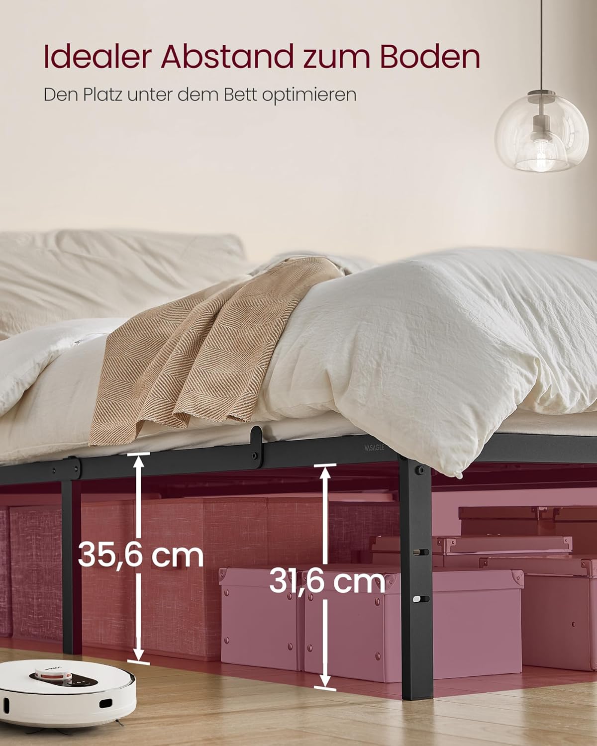 VASAGLE Doppelbettgestell, Bett, 140 x 200 cm, Metallbett, Bettrahmen, Unterbettaufbewahrung, modern, Gästebett, einfacher Aufbau, tintenschwarz RMB134B01 — Ansicht 3