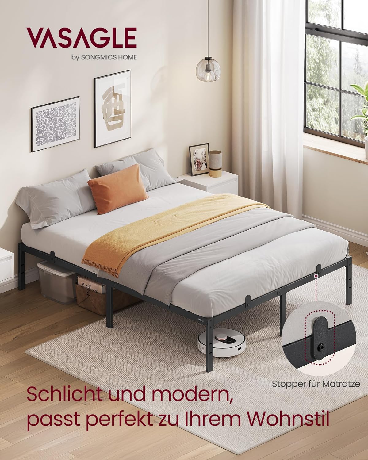 VASAGLE Doppelbettgestell, Bett, 140 x 200 cm, Metallbett, Bettrahmen, Unterbettaufbewahrung, modern, Gästebett, einfacher Aufbau, tintenschwarz RMB134B01 — Ansicht 4
