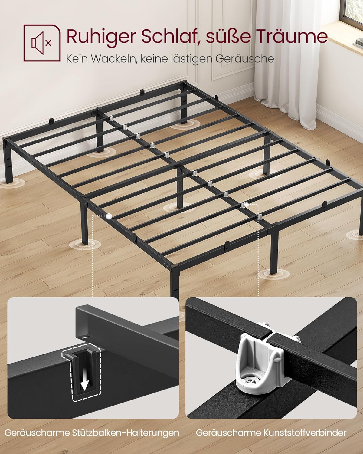 VASAGLE Doppelbettgestell, Bett, 140 x 200 cm, Metallbett, Bettrahmen, Unterbettaufbewahrung, modern, Gästebett, einfacher Aufbau, tintenschwarz RMB134B01 — Ansicht 5