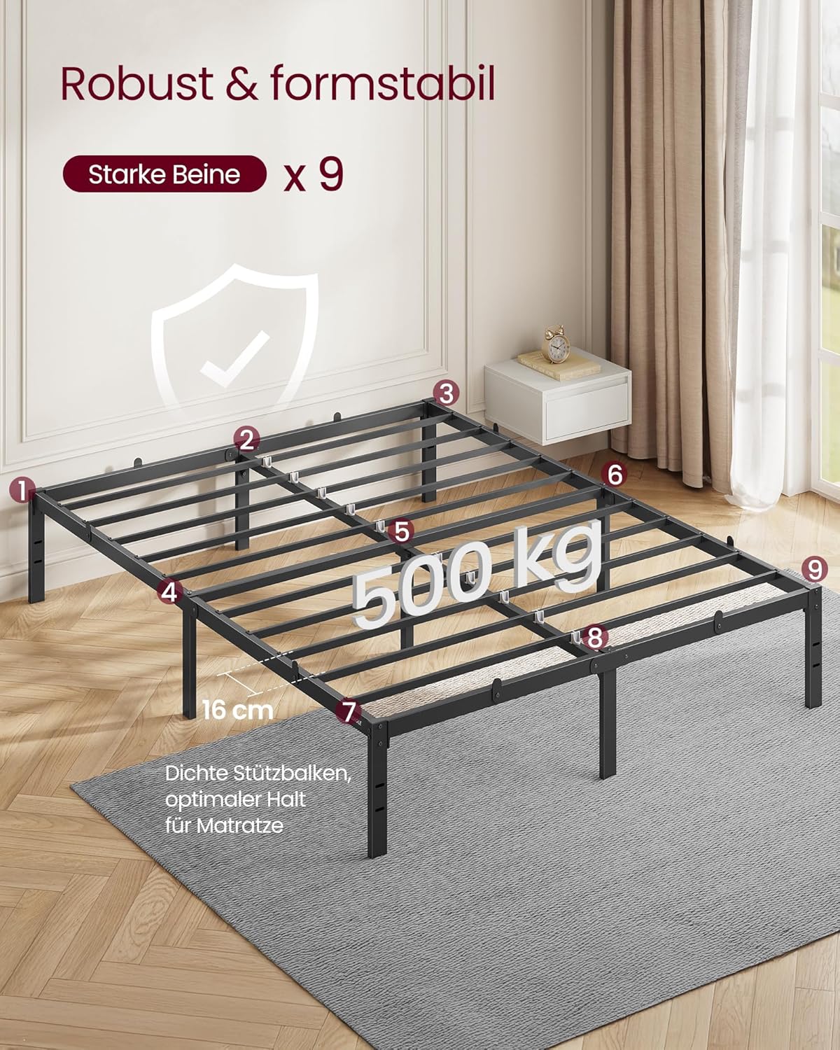VASAGLE Doppelbettgestell, Bett, 140 x 200 cm, Metallbett, Bettrahmen, Unterbettaufbewahrung, modern, Gästebett, einfacher Aufbau, tintenschwarz RMB134B01 — Ansicht 6