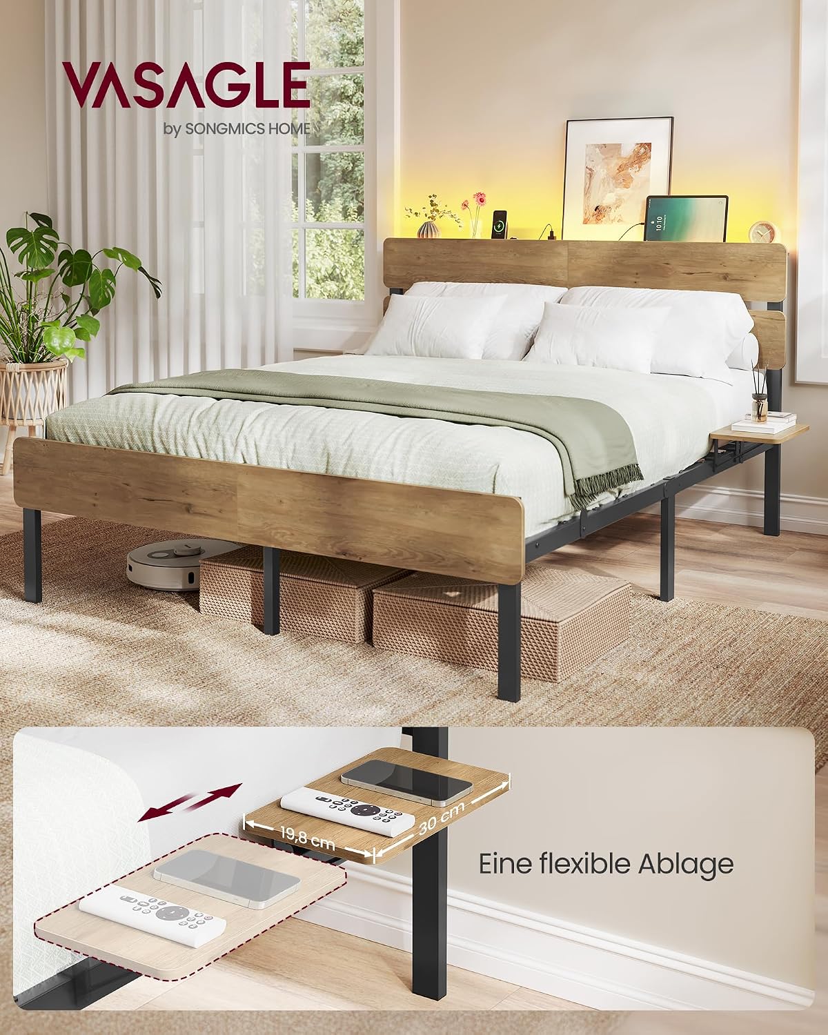 VASAGLE Doppelbettgestell, Bett, 140 x 200 cm, Metallrahmen, LED-Beleuchtung, USB-A- und USB-C-Anschluss, Unterbettaufbewahrung, Industrie-Stil, einfache Montage, naturbraun RMB104HC01 — Ansicht 3