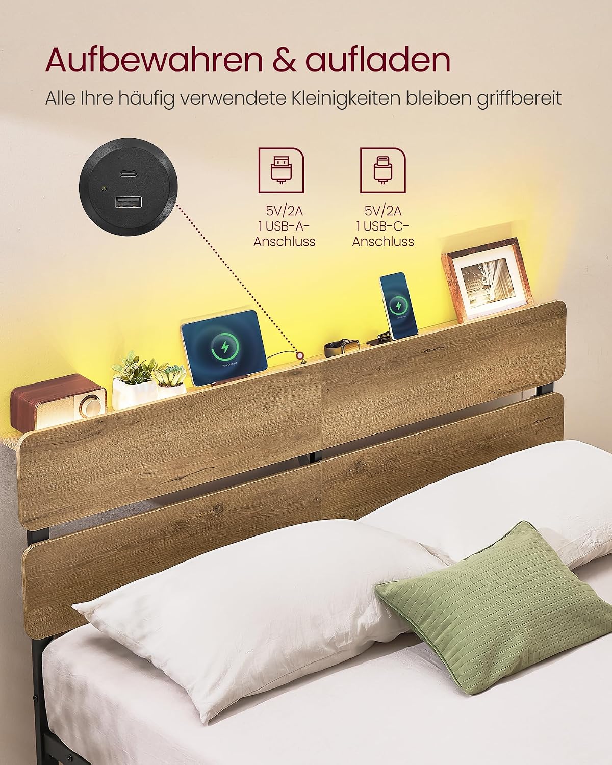 VASAGLE Doppelbettgestell, Bett, 140 x 200 cm, Metallrahmen, LED-Beleuchtung, USB-A- und USB-C-Anschluss, Unterbettaufbewahrung, Industrie-Stil, einfache Montage, naturbraun RMB104HC01 — Ansicht 4