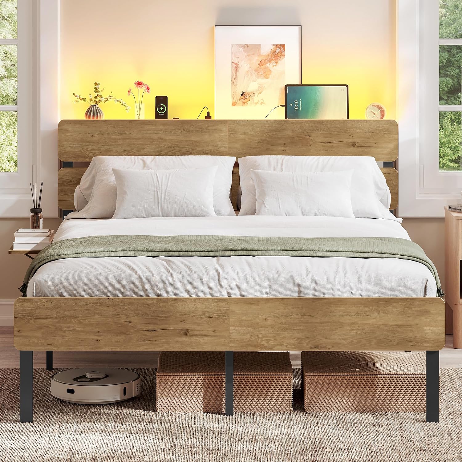 VASAGLE Doppelbettgestell, Bett, 140 x 200 cm, Metallrahmen, LED-Beleuchtung, USB-A- und USB-C-Anschluss, Unterbettaufbewahrung, Industrie-Stil, einfache Montage, naturbraun RMB104HC01