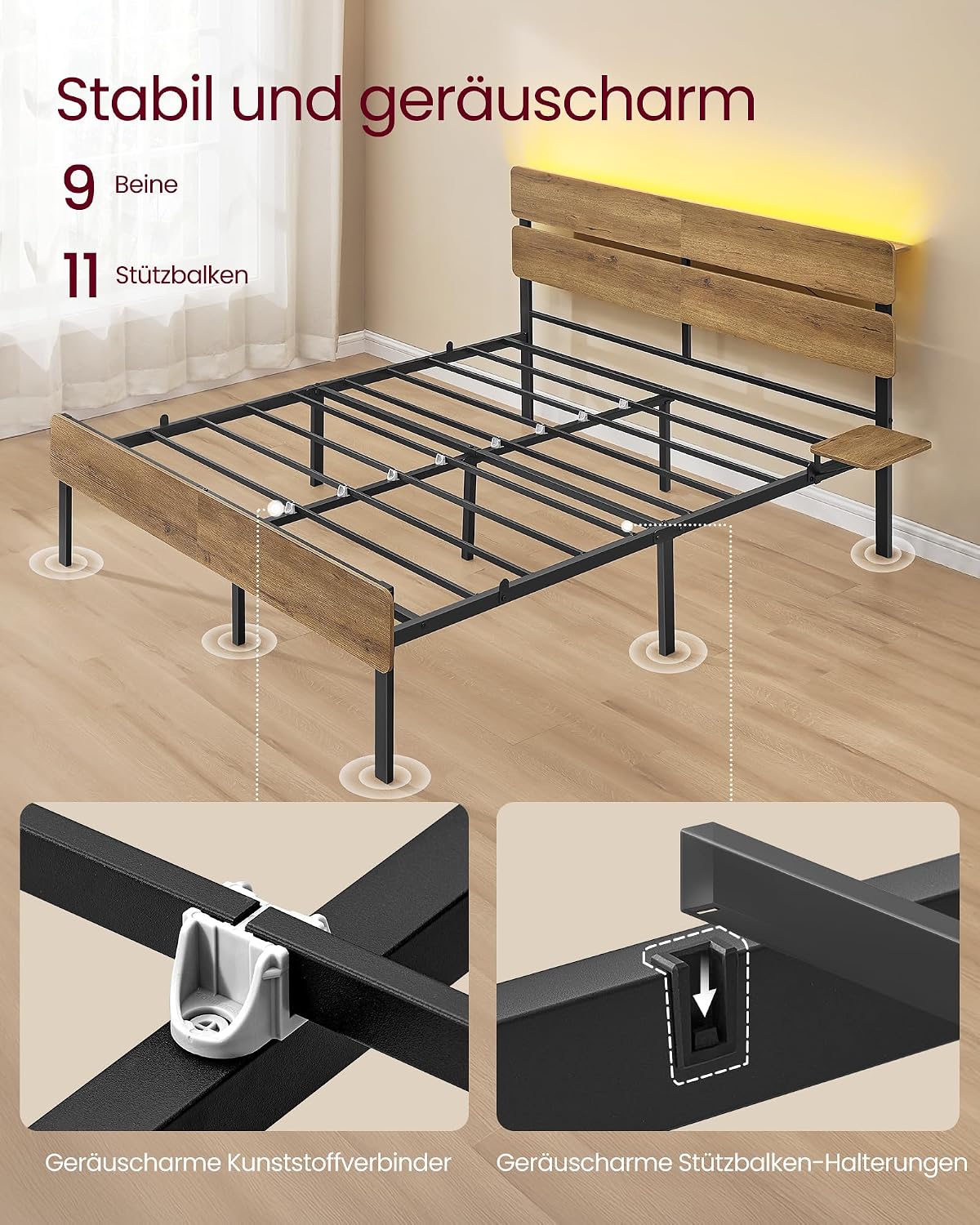 VASAGLE Doppelbettgestell, Bett, 140 x 200 cm, Metallrahmen, LED-Beleuchtung, USB-A- und USB-C-Anschluss, Unterbettaufbewahrung, Industrie-Stil, einfache Montage, naturbraun RMB104HC01 — Ansicht 5