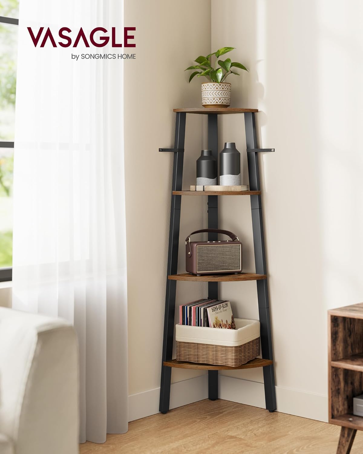 VASAGLE Eckregal, Bücherregal mit 4 Ebenen, Leiterregal, Aufbewahrungsregal, Pflanzenregal für Wohnzimmer, Industrial-Design, mit Stahlrahmen, vintagebraun-schwarz LLS34X — Ansicht 2