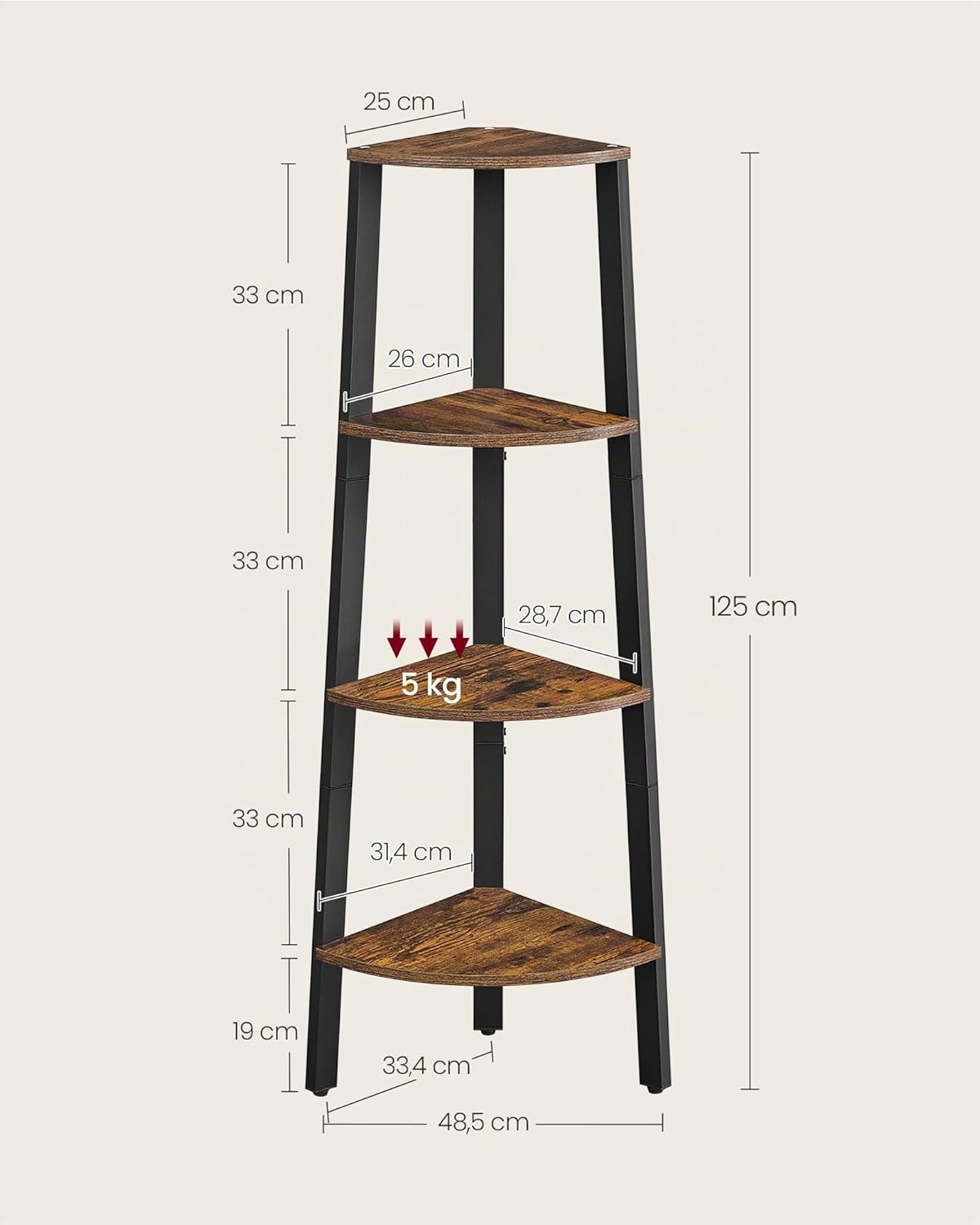 VASAGLE Eckregal, Bücherregal mit 4 Ebenen, Leiterregal, Aufbewahrungsregal, Pflanzenregal für Wohnzimmer, Industrial-Design, mit Stahlrahmen, vintagebraun-schwarz LLS34X — Ansicht 3