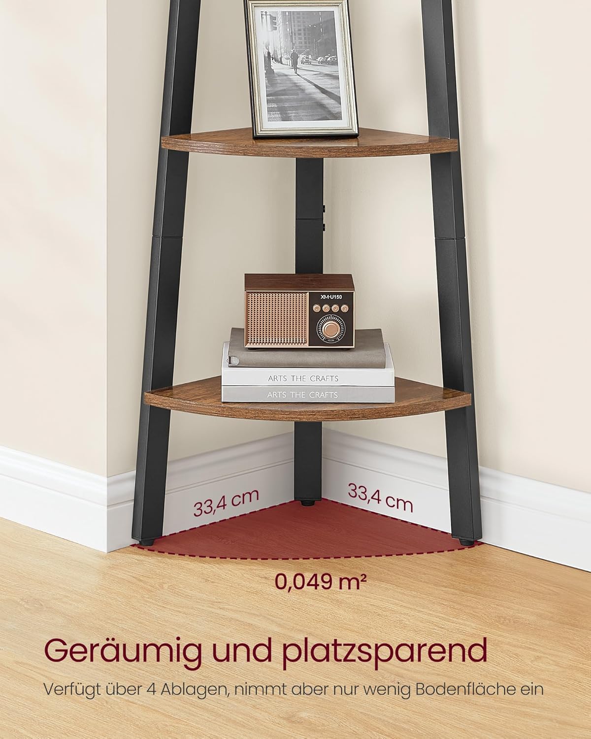VASAGLE Eckregal, Bücherregal mit 4 Ebenen, Leiterregal, Aufbewahrungsregal, Pflanzenregal für Wohnzimmer, Industrial-Design, mit Stahlrahmen, vintagebraun-schwarz LLS34X — Ansicht 4
