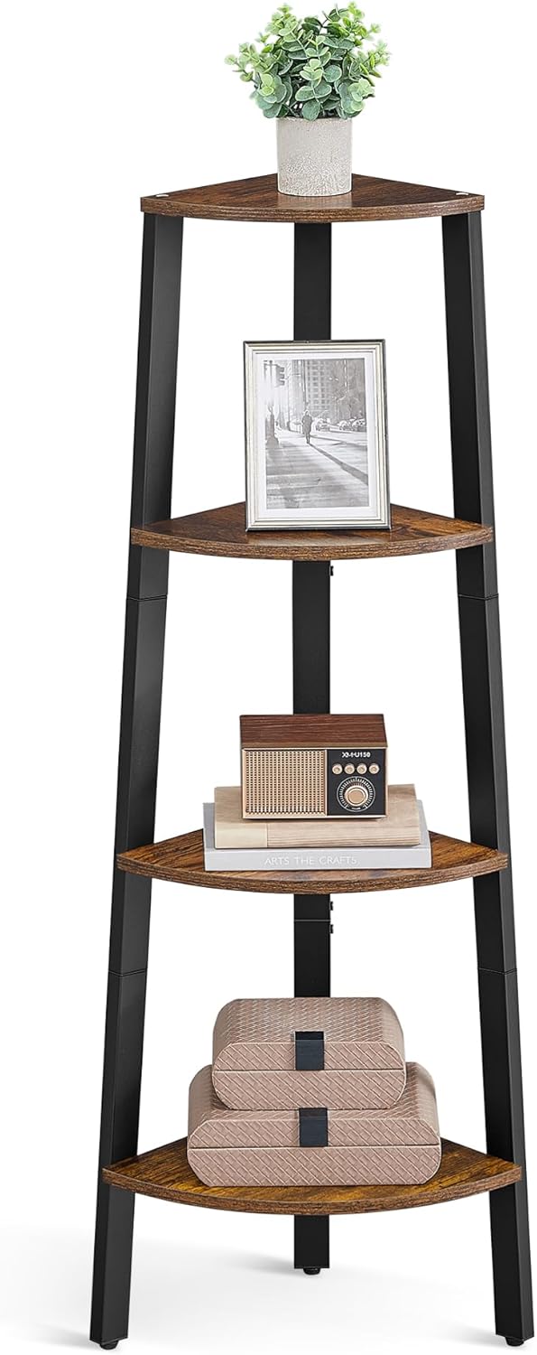VASAGLE Eckregal, Bücherregal mit 4 Ebenen, Leiterregal, Aufbewahrungsregal, Pflanzenregal für Wohnzimmer, Industrial-Design, mit Stahlrahmen, vintagebraun-schwarz LLS34X