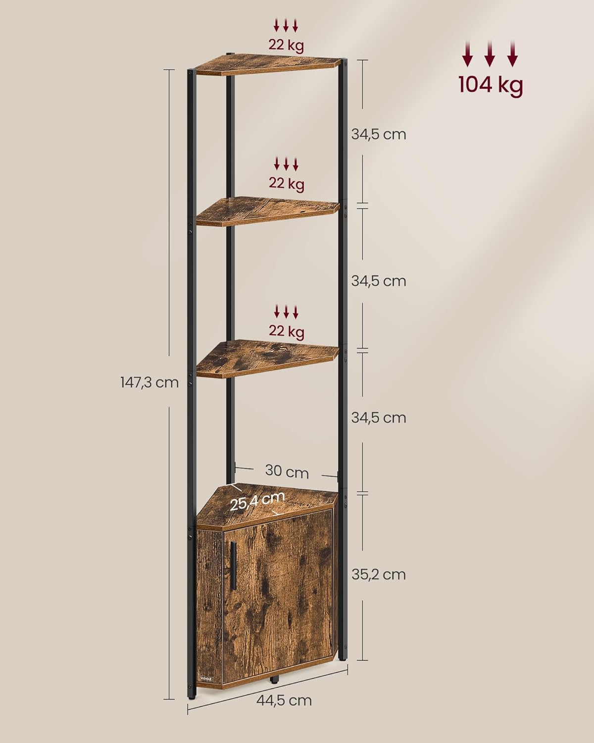VASAGLE Eckregal mit Stauraum, Standregal, Aufbewahrungsregal mit 5 Ebenen, Regal, für Wohnzimmer, Schlafzimmer, Küche, Badezimmer, vintagebraun-tintenschwarz LBC580K01 — Ansicht 3
