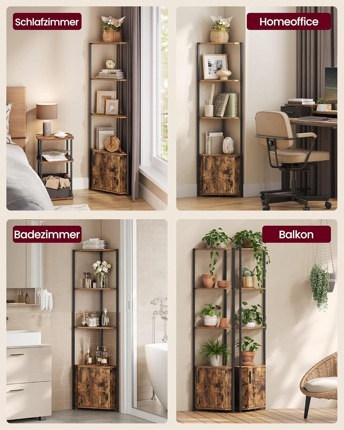 VASAGLE Eckregal mit Stauraum, Standregal, Aufbewahrungsregal mit 5 Ebenen, Regal, für Wohnzimmer, Schlafzimmer, Küche, Badezimmer, vintagebraun-tintenschwarz LBC580K01 — Ansicht 4