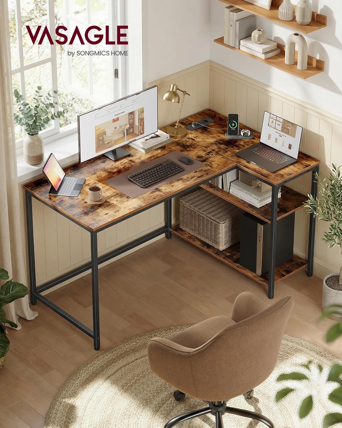 VASAGLE Eckschreibtisch in L-Form, Computertisch mit Stauraum, Bürotisch, höhenverstellbare Ablage, für Homeoffice, mit 2 AC-Steckdosen und 2 USB-Anschlüssen, 120 x 80 cm, vintagebraun LWD132KD01 — Ansicht 2
