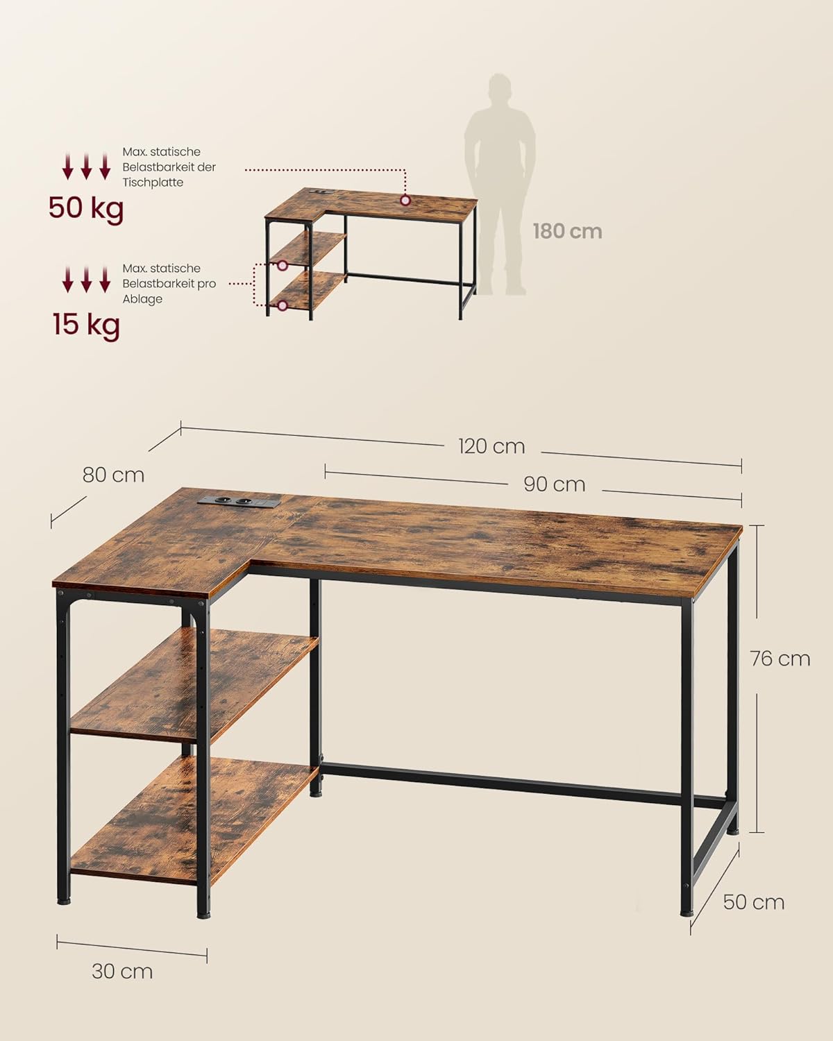 VASAGLE Eckschreibtisch in L-Form, Computertisch mit Stauraum, Bürotisch, höhenverstellbare Ablage, für Homeoffice, mit 2 AC-Steckdosen und 2 USB-Anschlüssen, 120 x 80 cm, vintagebraun LWD132KD01 — Ansicht 3