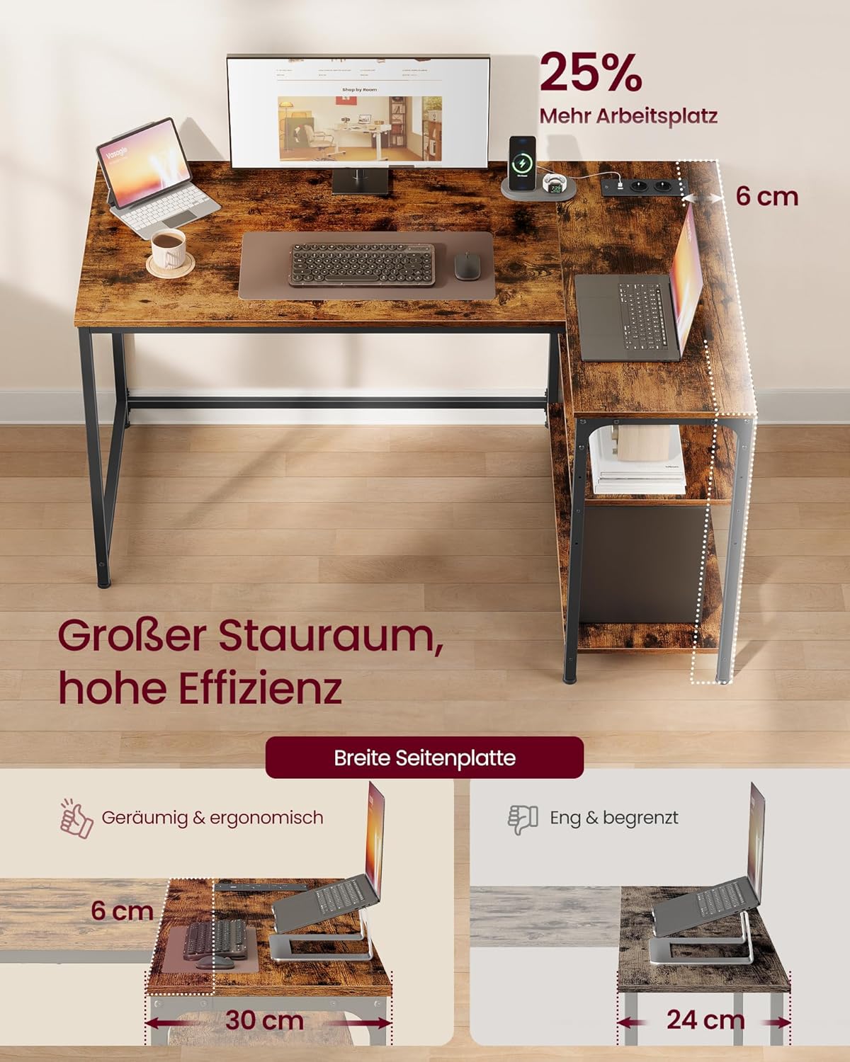 VASAGLE Eckschreibtisch in L-Form, Computertisch mit Stauraum, Bürotisch, höhenverstellbare Ablage, für Homeoffice, mit 2 AC-Steckdosen und 2 USB-Anschlüssen, 120 x 80 cm, vintagebraun LWD132KD01 — Ansicht 4