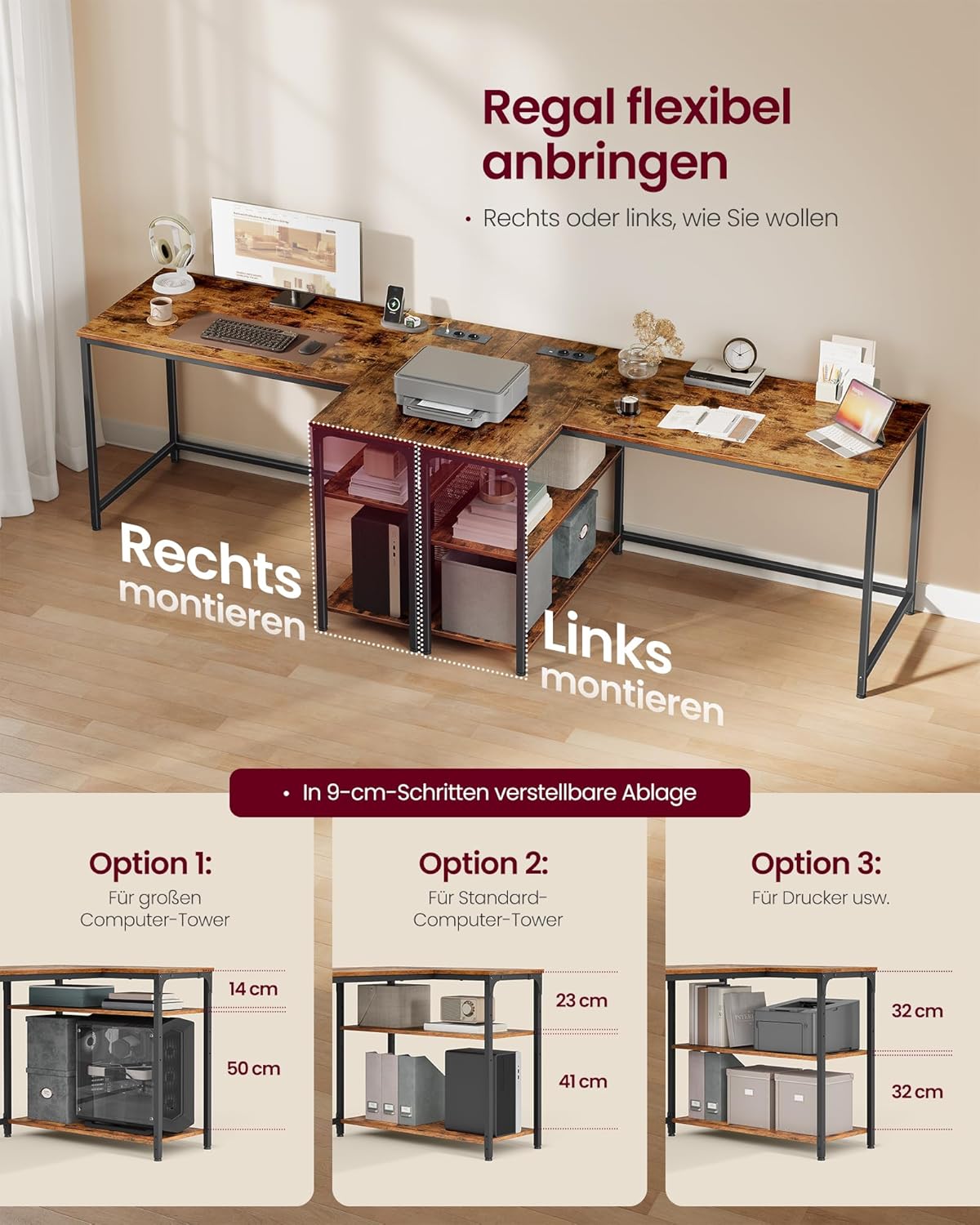 VASAGLE Eckschreibtisch in L-Form, Computertisch mit Stauraum, Bürotisch, höhenverstellbare Ablage, für Homeoffice, mit 2 AC-Steckdosen und 2 USB-Anschlüssen, 120 x 80 cm, vintagebraun LWD132KD01 — Ansicht 6