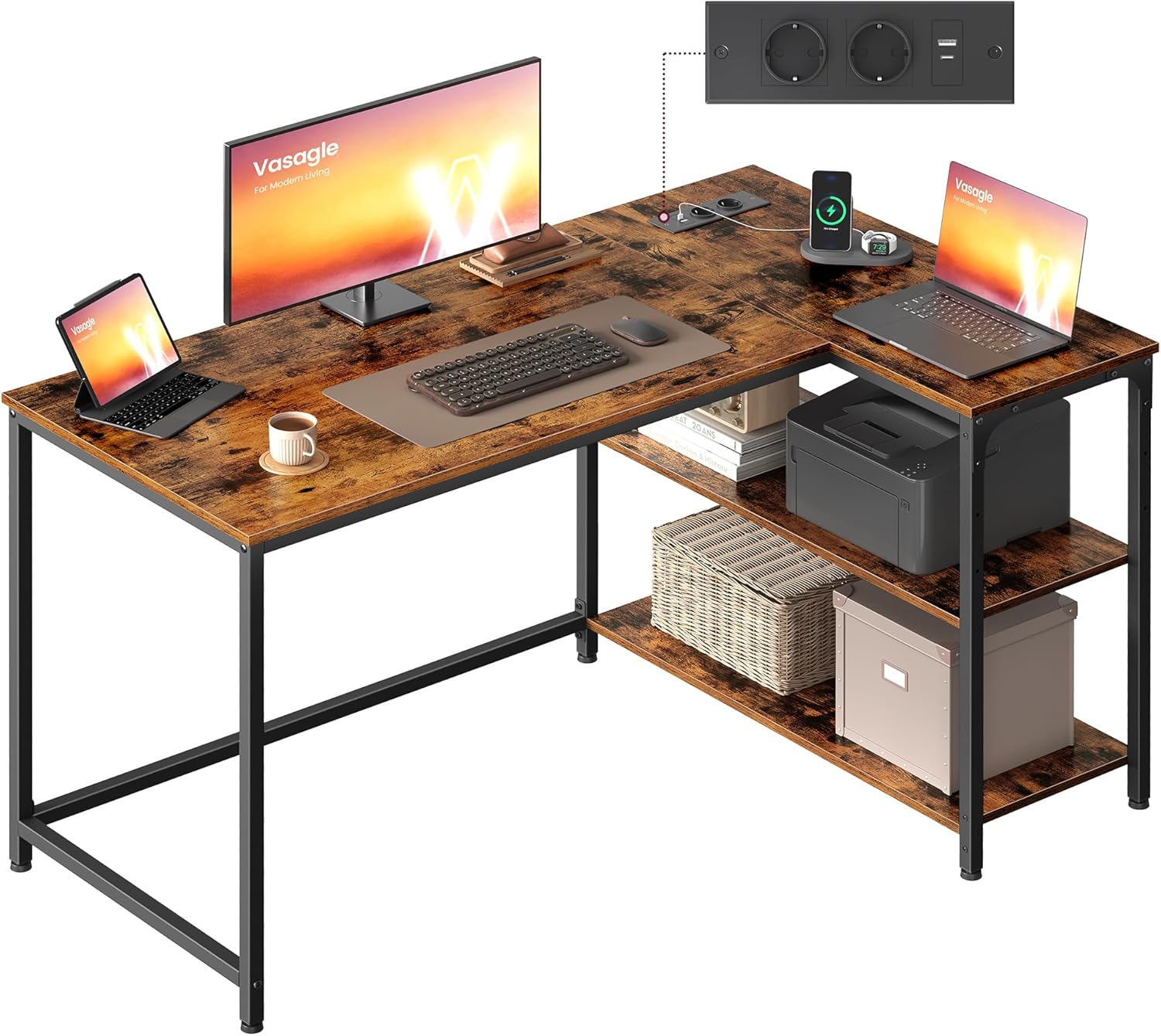 VASAGLE Eckschreibtisch in L-Form, Computertisch mit Stauraum, Bürotisch, höhenverstellbare Ablage, für Homeoffice, mit 2 AC-Steckdosen und 2 USB-Anschlüssen, 120 x 80 cm, vintagebraun LWD132KD01