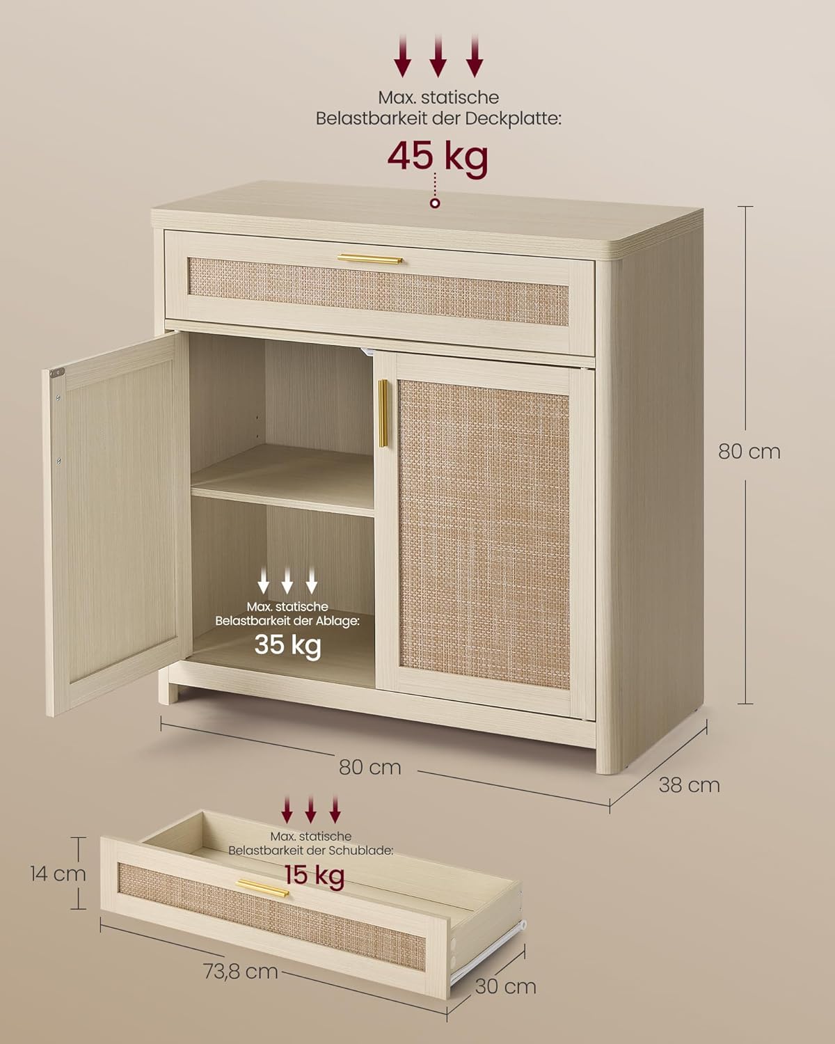 VASAGLE ELLAN Kollektion - Küchenschrank, Sideboard Boho-Stil, Türen in Rattan-Optik, Aufbewahrungsschrank, abgerundete Ecken, verstellbare Ablage, Schublade, Küche, naturbeige BBK601LC01 — Ansicht 2