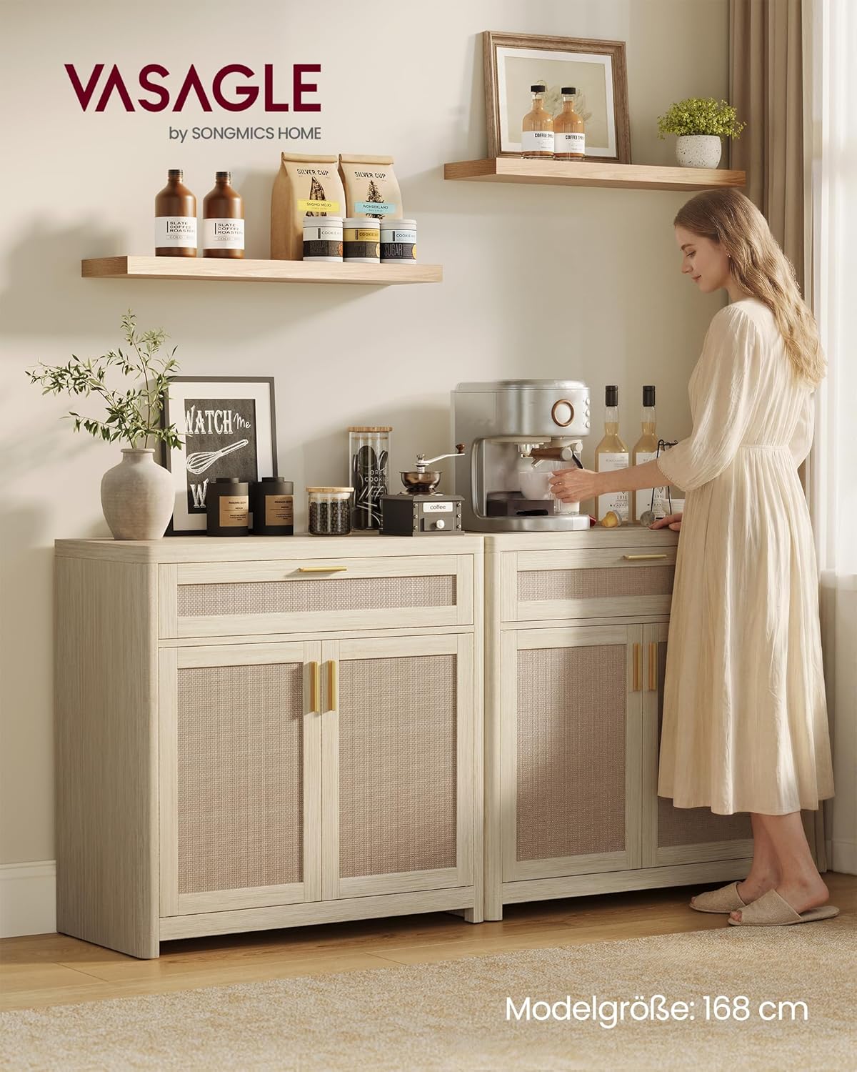 VASAGLE ELLAN Kollektion - Küchenschrank, Sideboard Boho-Stil, Türen in Rattan-Optik, Aufbewahrungsschrank, abgerundete Ecken, verstellbare Ablage, Schublade, Küche, naturbeige BBK601LC01 — Ansicht 3