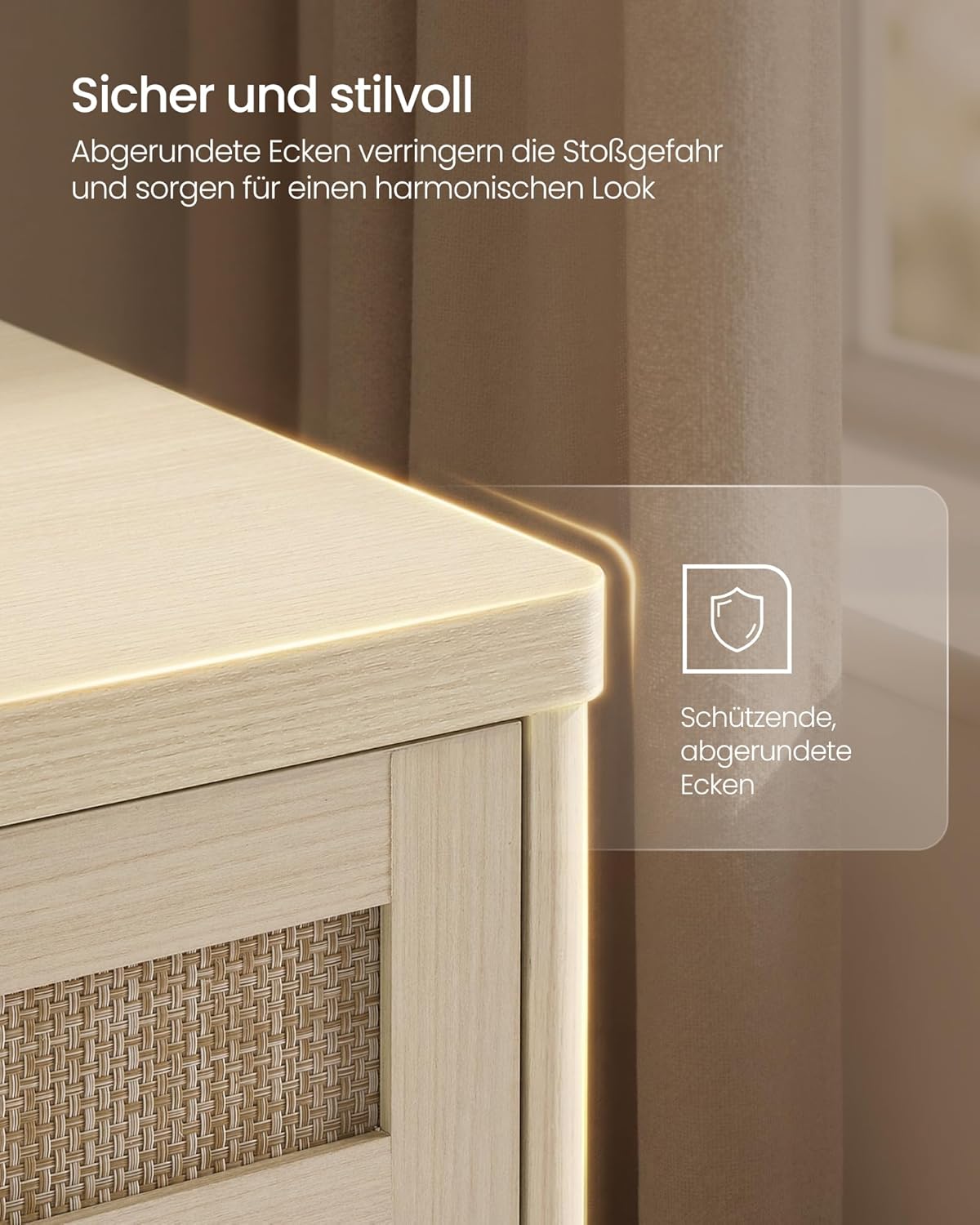 VASAGLE ELLAN Kollektion - Küchenschrank, Sideboard Boho-Stil, Türen in Rattan-Optik, Aufbewahrungsschrank, abgerundete Ecken, verstellbare Ablage, Schublade, Küche, naturbeige BBK601LC01 — Ansicht 4