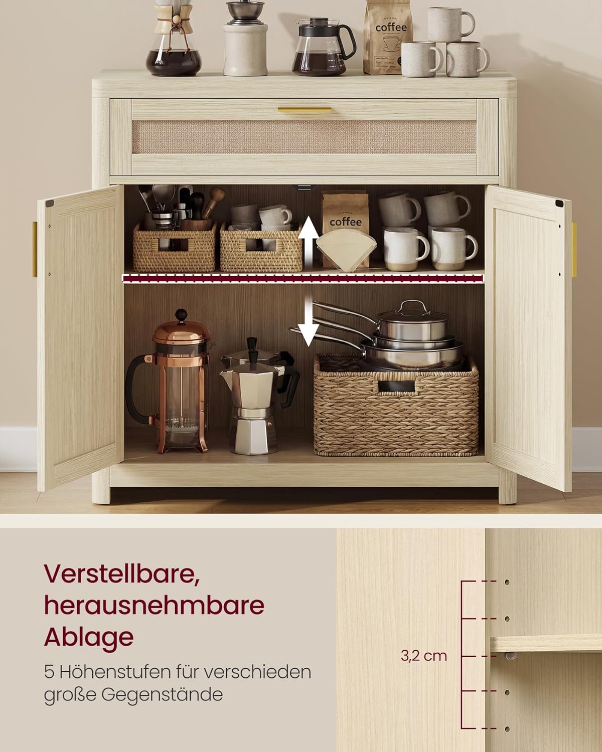VASAGLE ELLAN Kollektion - Küchenschrank, Sideboard Boho-Stil, Türen in Rattan-Optik, Aufbewahrungsschrank, abgerundete Ecken, verstellbare Ablage, Schublade, Küche, naturbeige BBK601LC01 — Ansicht 5