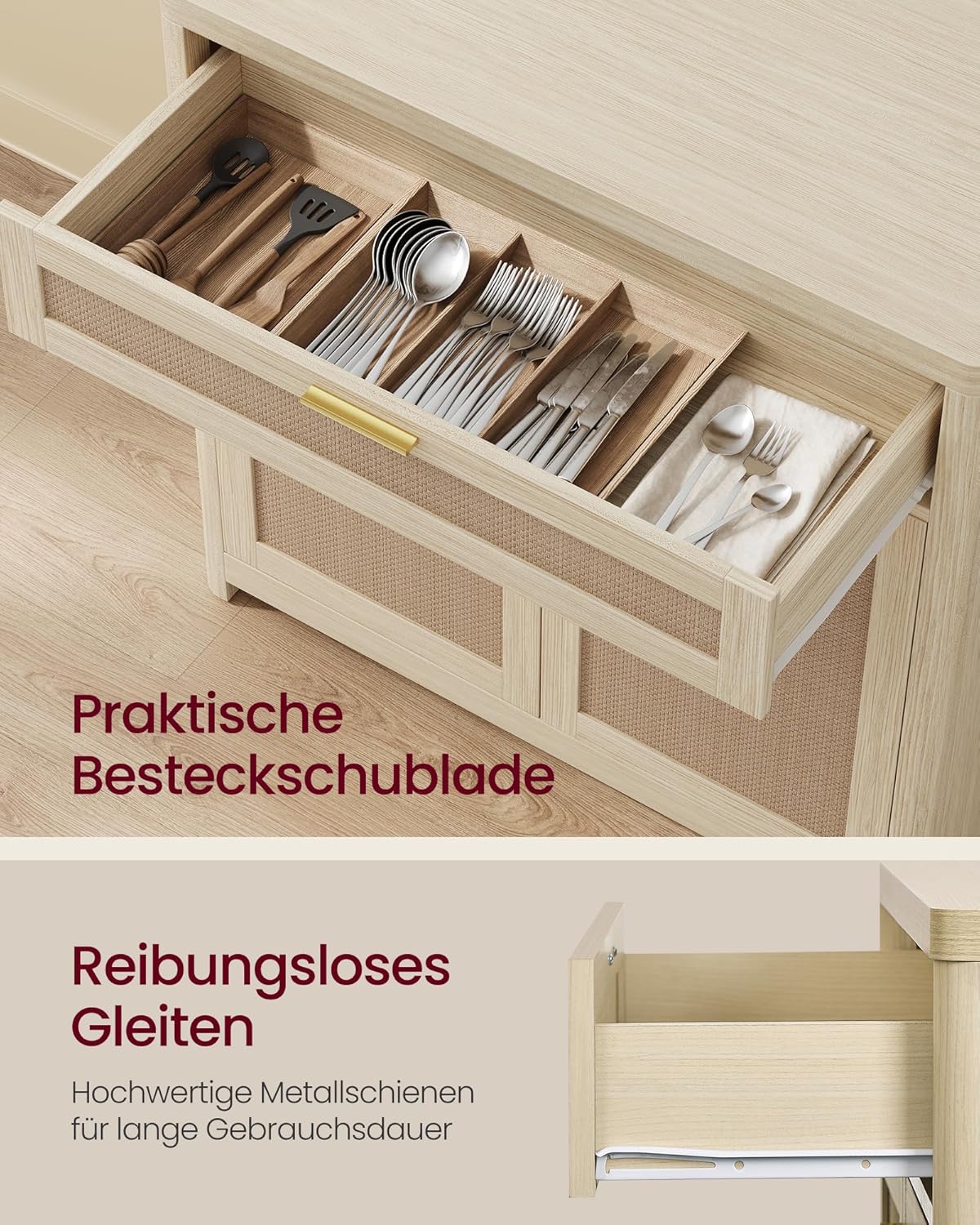 VASAGLE ELLAN Kollektion - Küchenschrank, Sideboard Boho-Stil, Türen in Rattan-Optik, Aufbewahrungsschrank, abgerundete Ecken, verstellbare Ablage, Schublade, Küche, naturbeige BBK601LC01 — Ansicht 6