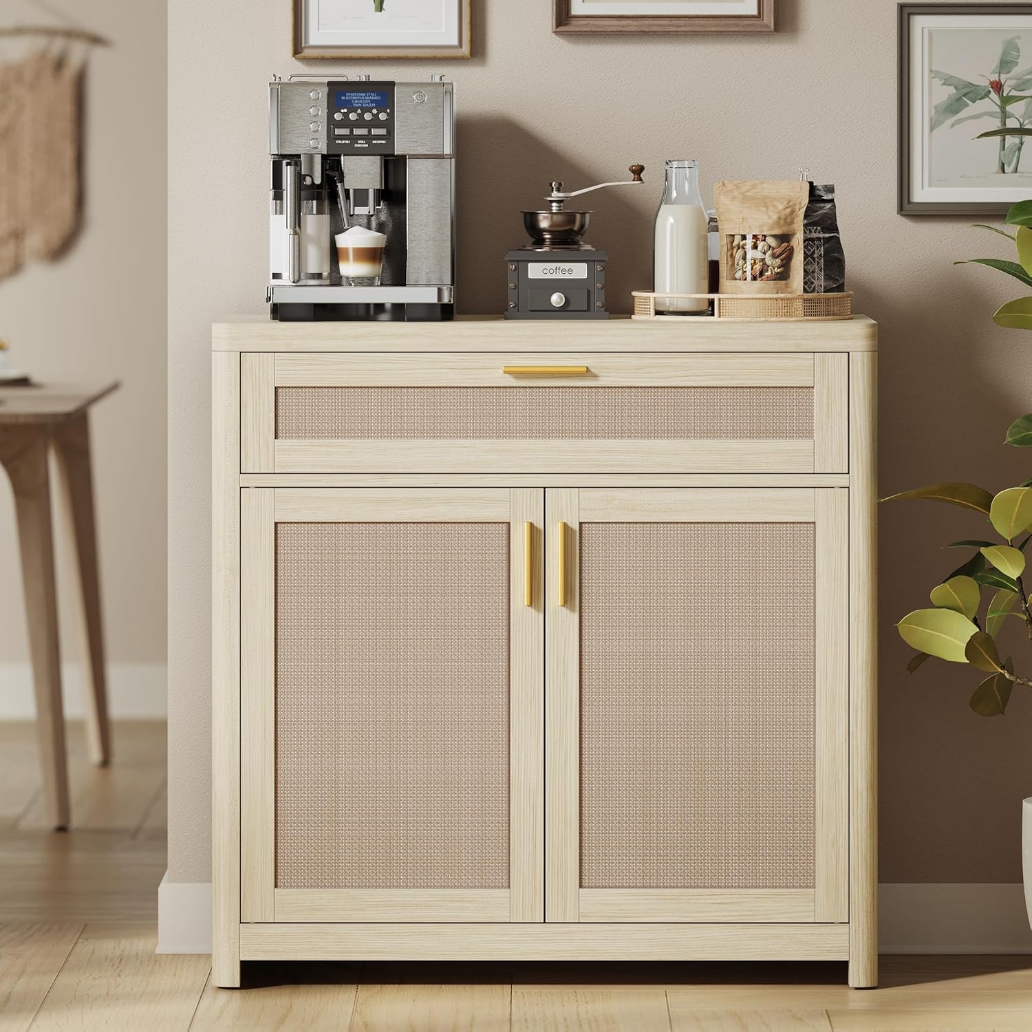 VASAGLE ELLAN Kollektion - Küchenschrank, Sideboard Boho-Stil, Türen in Rattan-Optik, Aufbewahrungsschrank, abgerundete Ecken, verstellbare Ablage, Schublade, Küche, naturbeige BBK601LC01