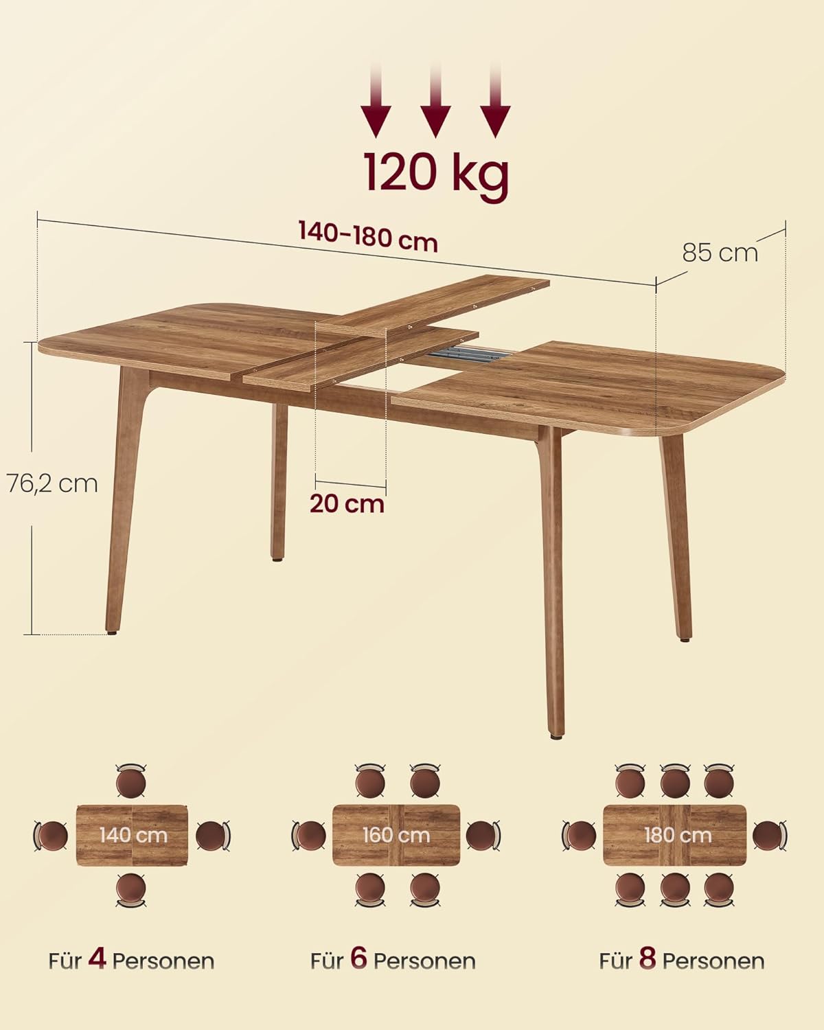 VASAGLE Esstisch, Esszimmertisch, Küchentisch, ausziehbare Tischplatte, 120 kg belastbar, für Esszimmer, Büro, Arbeitszimmer, Schlichtes Design, honigbraun KDT090K01 — Ansicht 3