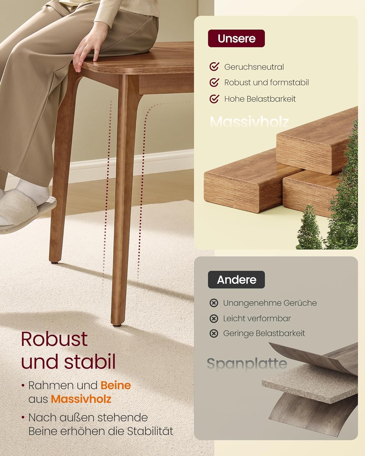 VASAGLE Esstisch, Esszimmertisch, Küchentisch, ausziehbare Tischplatte, 120 kg belastbar, für Esszimmer, Büro, Arbeitszimmer, Schlichtes Design, honigbraun KDT090K01 — Ansicht 4