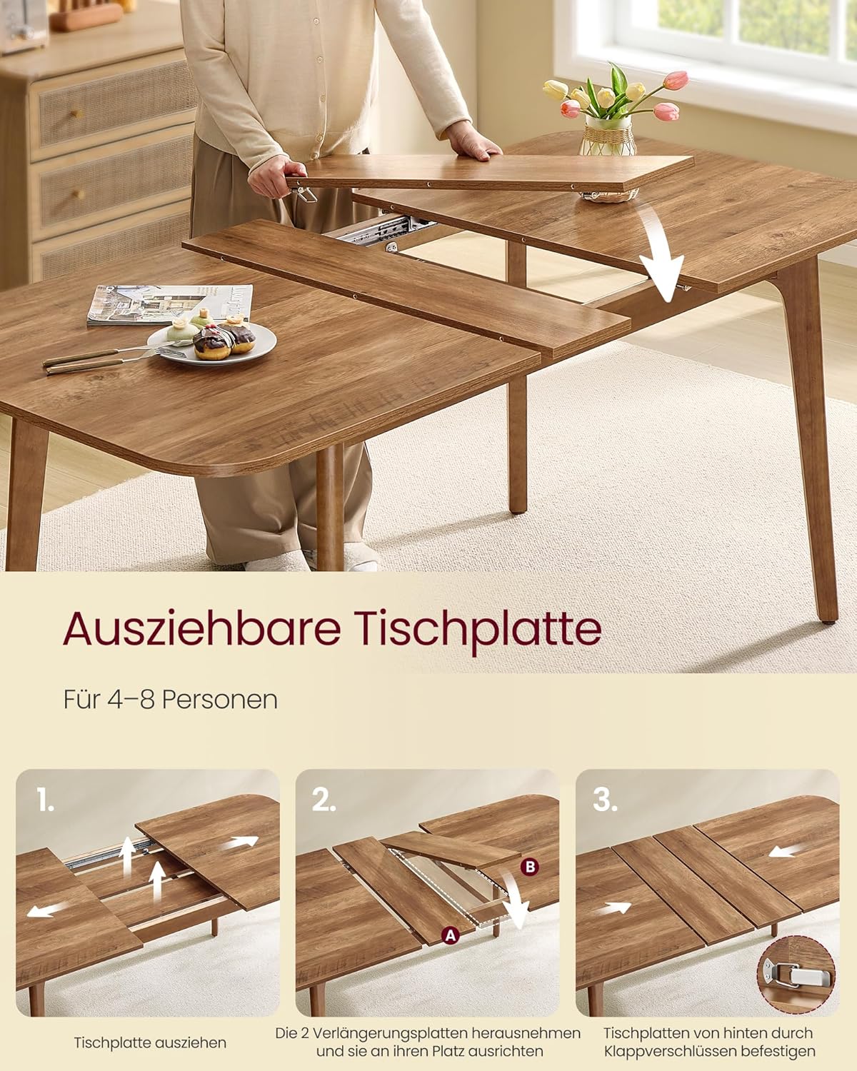VASAGLE Esstisch, Esszimmertisch, Küchentisch, ausziehbare Tischplatte, 120 kg belastbar, für Esszimmer, Büro, Arbeitszimmer, Schlichtes Design, honigbraun KDT090K01 — Ansicht 5