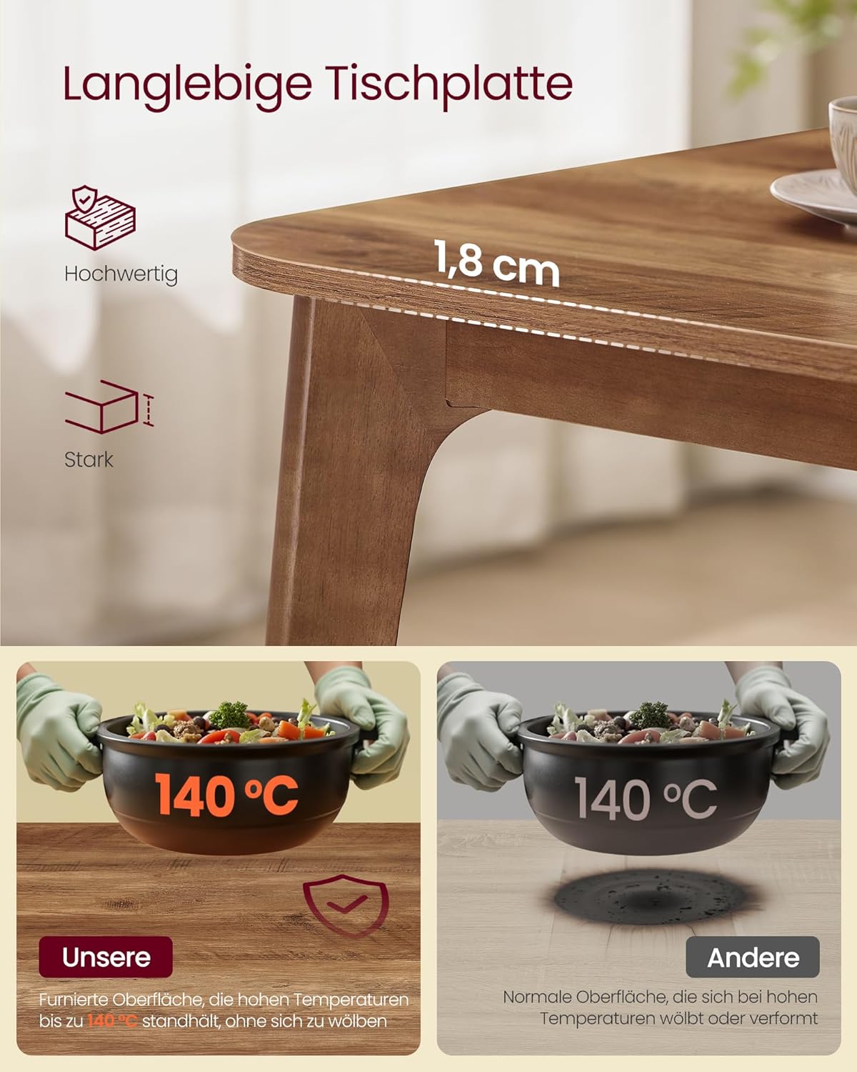 VASAGLE Esstisch, Esszimmertisch, Küchentisch, ausziehbare Tischplatte, 120 kg belastbar, für Esszimmer, Büro, Arbeitszimmer, Schlichtes Design, honigbraun KDT090K01 — Ansicht 6