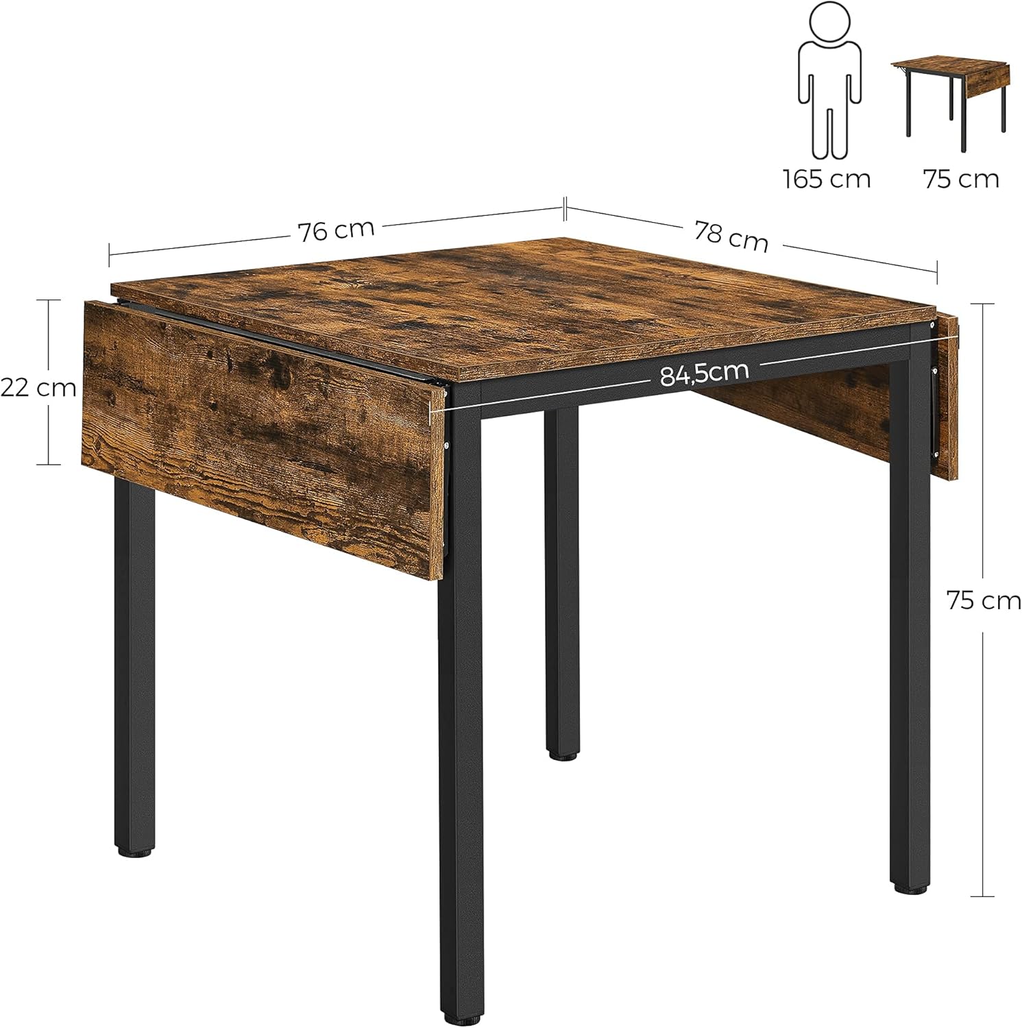 VASAGLE Esstisch, klappbarer Küchentisch für 2-4 Personen, für kleine Räume, vintagebraun-tintenschwarz KDT077B01 — Ansicht 3