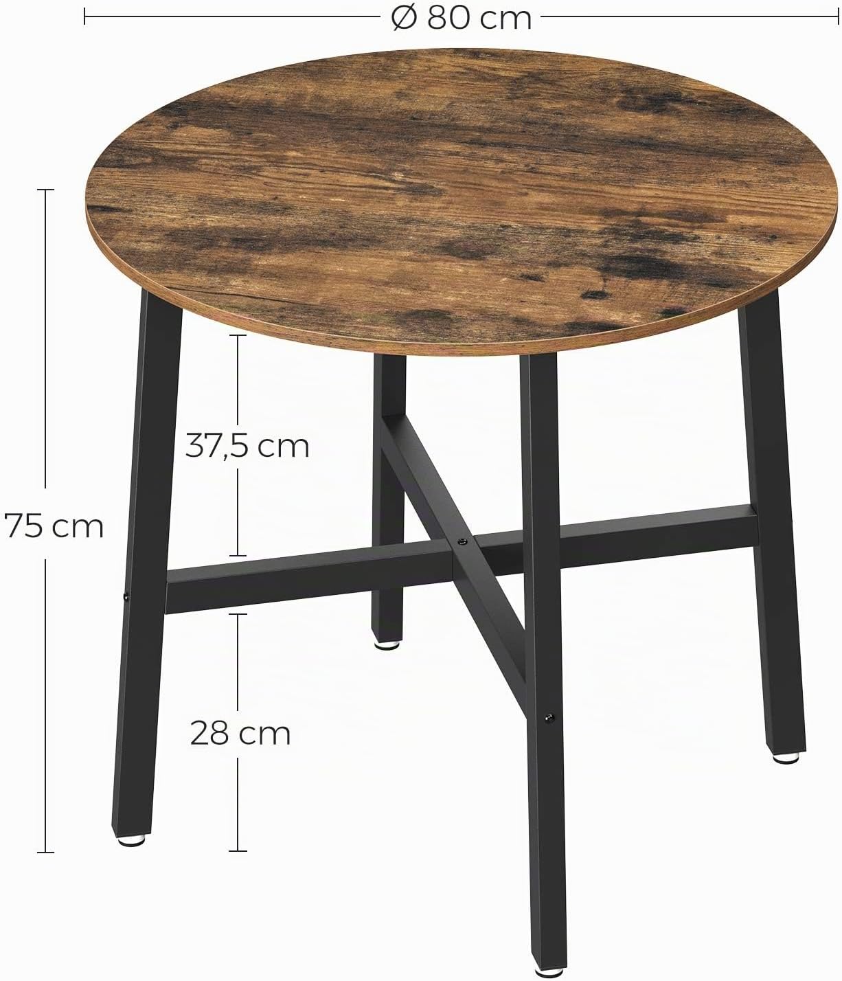 VASAGLE Esstisch klein, runder Küchentisch, für Wohnzimmer, Büro, 80 cm d, 75 cm H, Industrie-Design, vintagebraun-tintenschwarz KDT080B01 — Ansicht 3
