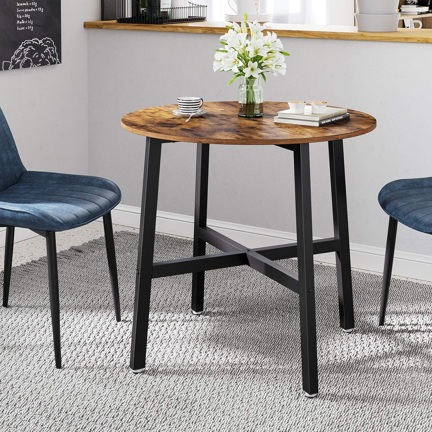 VASAGLE Esstisch klein, runder Küchentisch, für Wohnzimmer, Büro, 80 cm d, 75 cm H, Industrie-Design, vintagebraun-tintenschwarz KDT080B01 — Ansicht 4