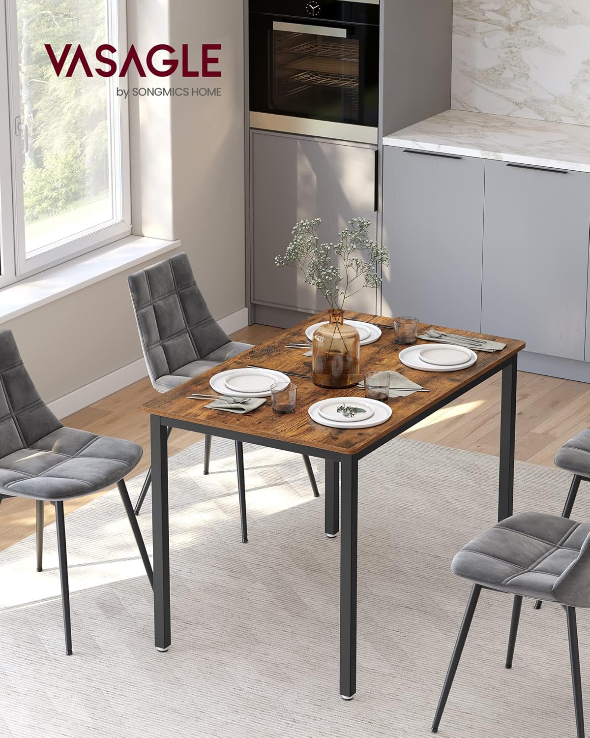 VASAGLE Esstisch, Küchentisch, 70 x 110 x 77 cm, Esszimmertisch für 4 Personen, Tisch Wohnzimmer, Schreibtisch, für Esszimmer, Küche, Industrie-Design, vintagebraun-Mattschwarz KDT081B01 — Ansicht 2