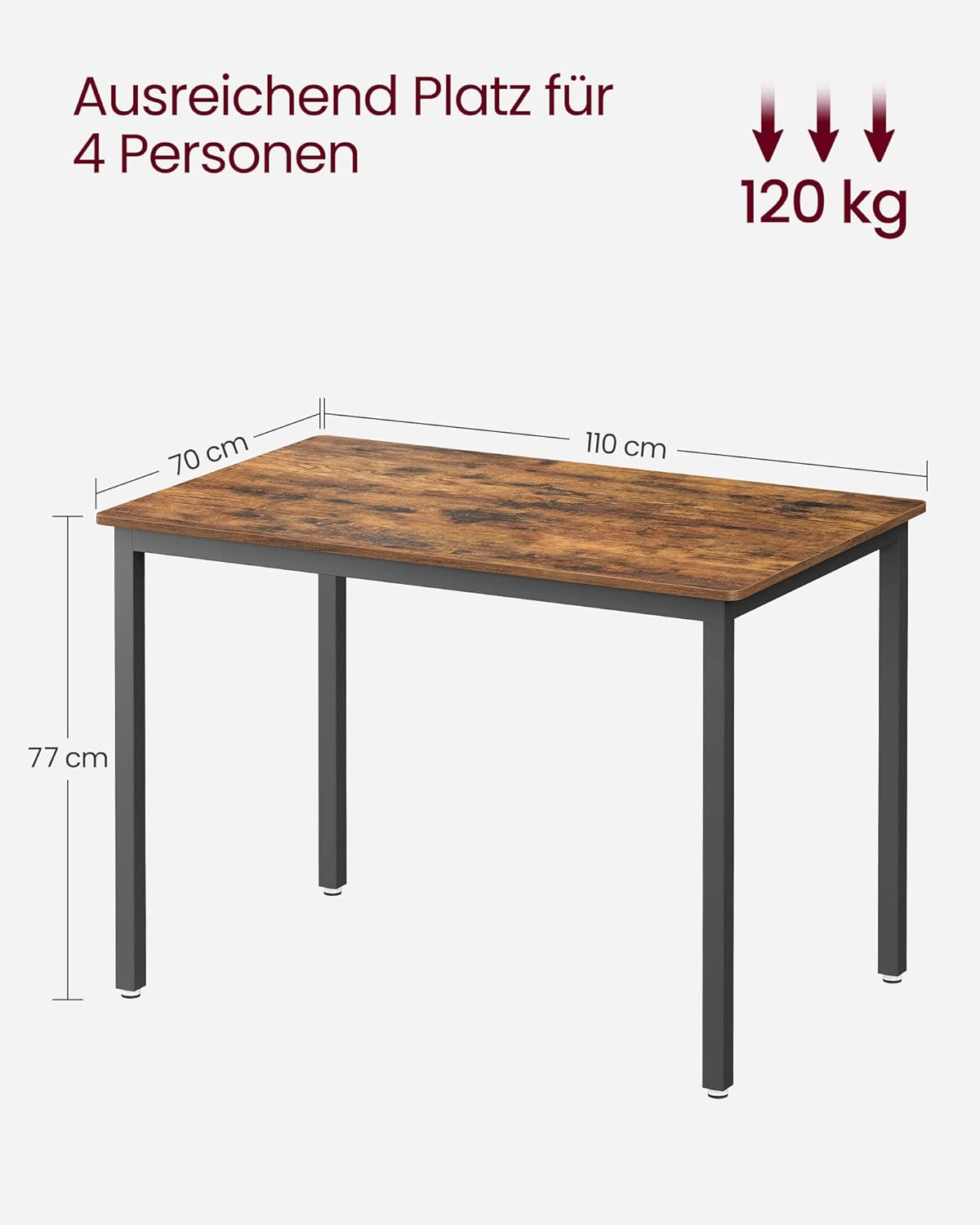 VASAGLE Esstisch, Küchentisch, 70 x 110 x 77 cm, Esszimmertisch für 4 Personen, Tisch Wohnzimmer, Schreibtisch, für Esszimmer, Küche, Industrie-Design, vintagebraun-Mattschwarz KDT081B01 — Ansicht 4